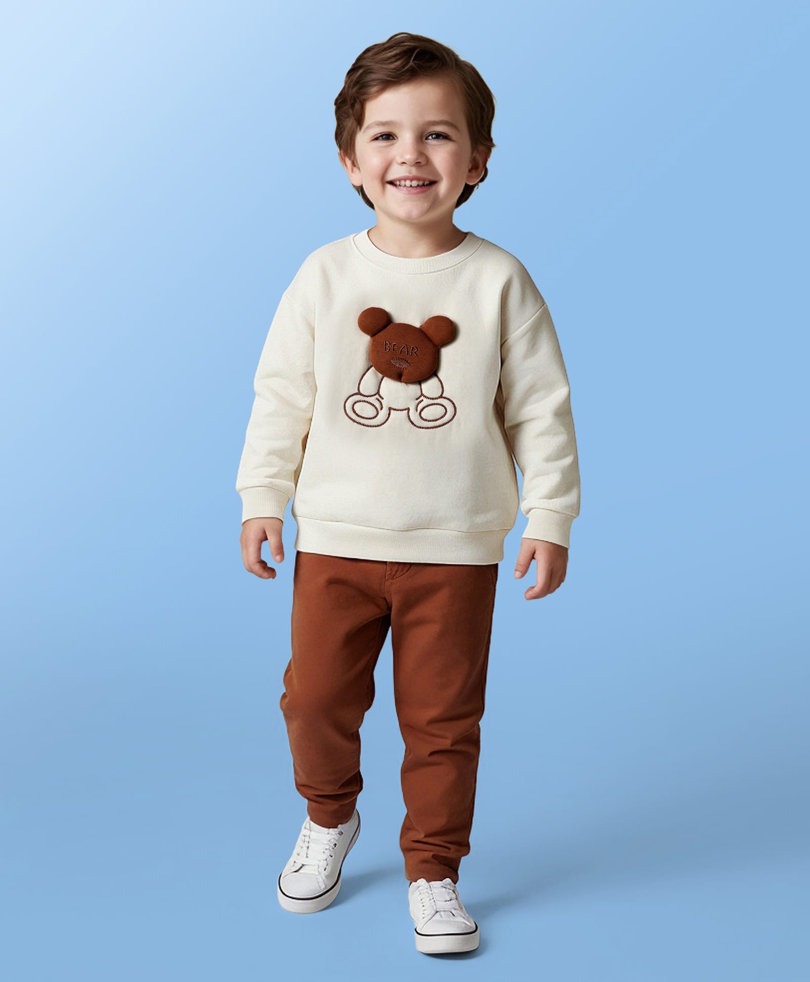 Mark & Mia Cotton Knit Fleece Full Sleeves Oversize Winter Wear Suits Set with Bear Applique Detailing - Brown & Offwhite-picture-28