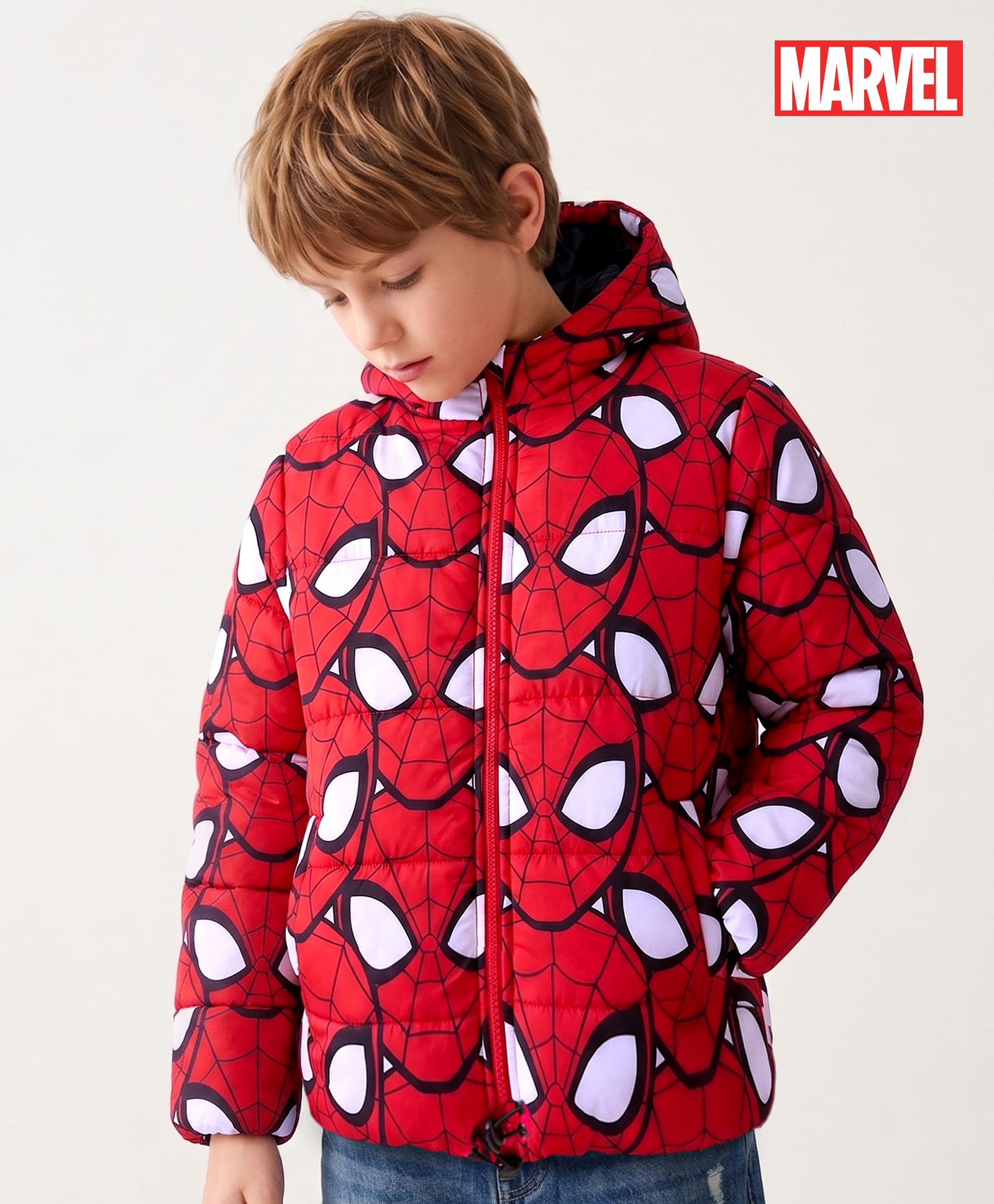 Pine Kids Marvel Woven Full Sleeves Hooded Padded Jacket with Spider man Print - Red-image-8