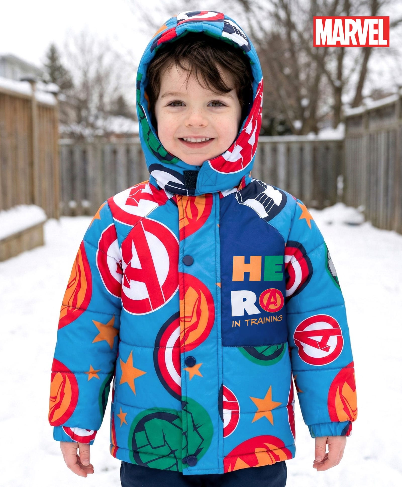 Babyhug Marvel Woven Full Sleeves Hooded Padded Jacket With Avengers Print & Detachable Hood - Blue-image-28