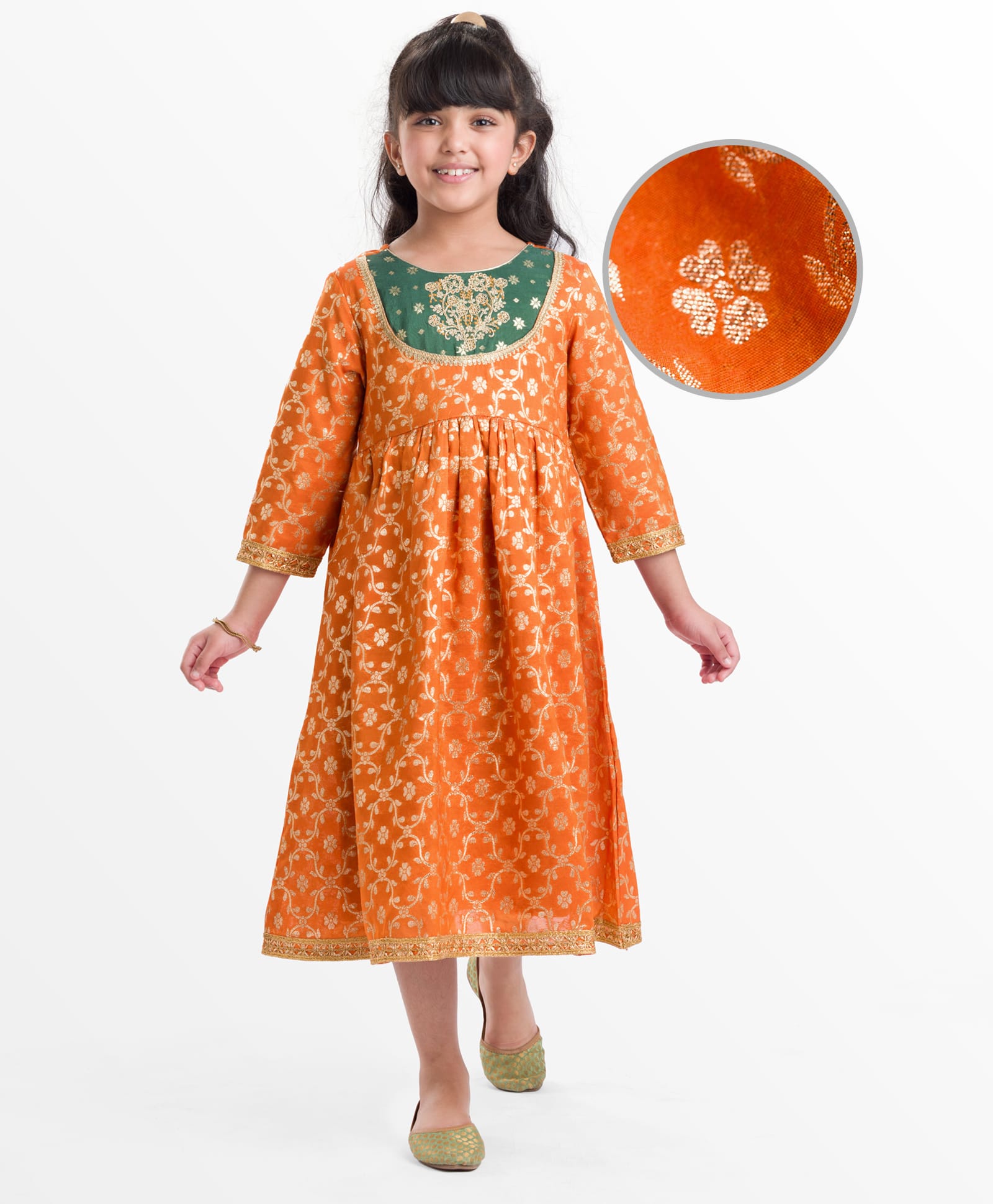EARTHY TOUCH Brocade Woven Three Fourth Sleeves Ethnic Dress with Floral Foil Print - Rust Orange-image-47