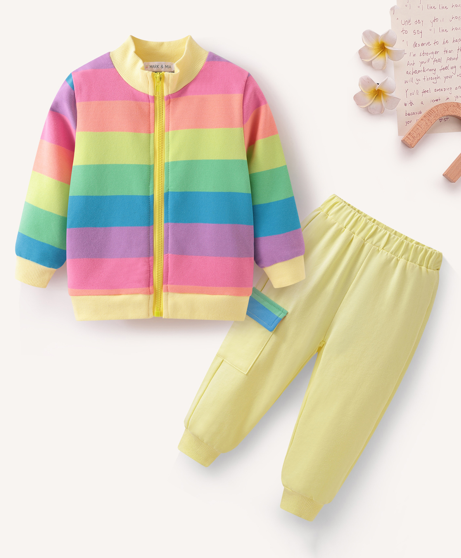 Mark & Mia Cotton Full Sleeves T-Shirt & Pant Set With Stripes - Yellow-image-48