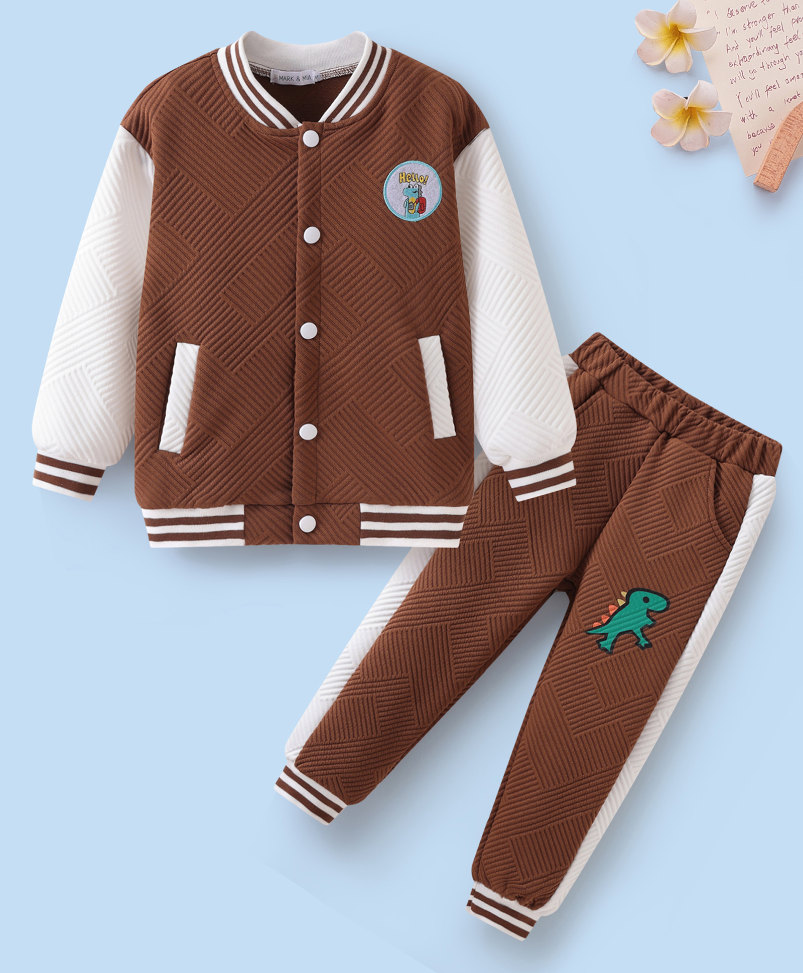 Mark & Mia Full Sleeves Winter Wear Jacket & Joggers Set with Dino Badge & Print - Brown & White-picture-11