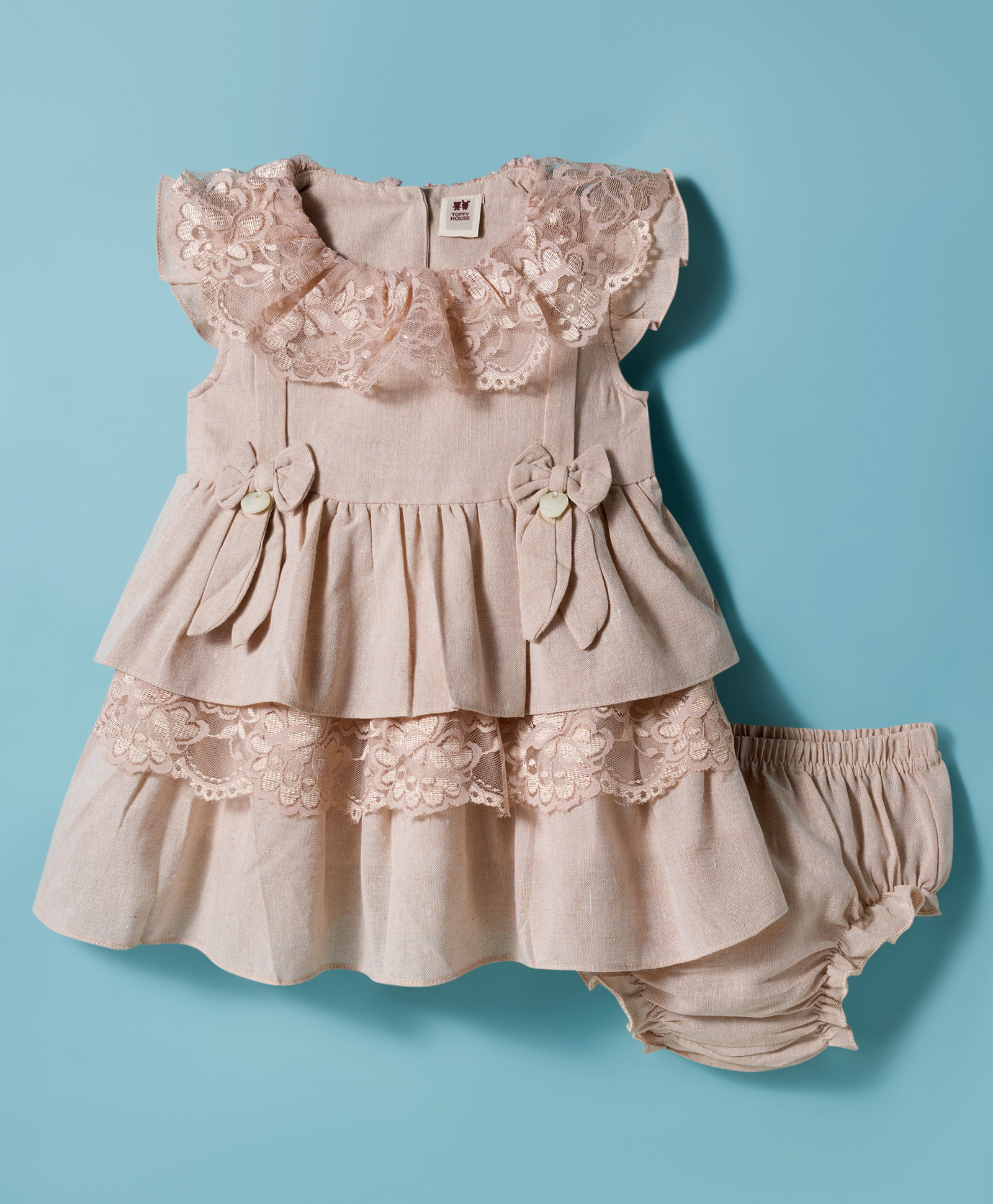 ToffyHouse Cotton Knit Frill Sleeves Frock With Bow Applique & Bloomer - Tan-picture-14