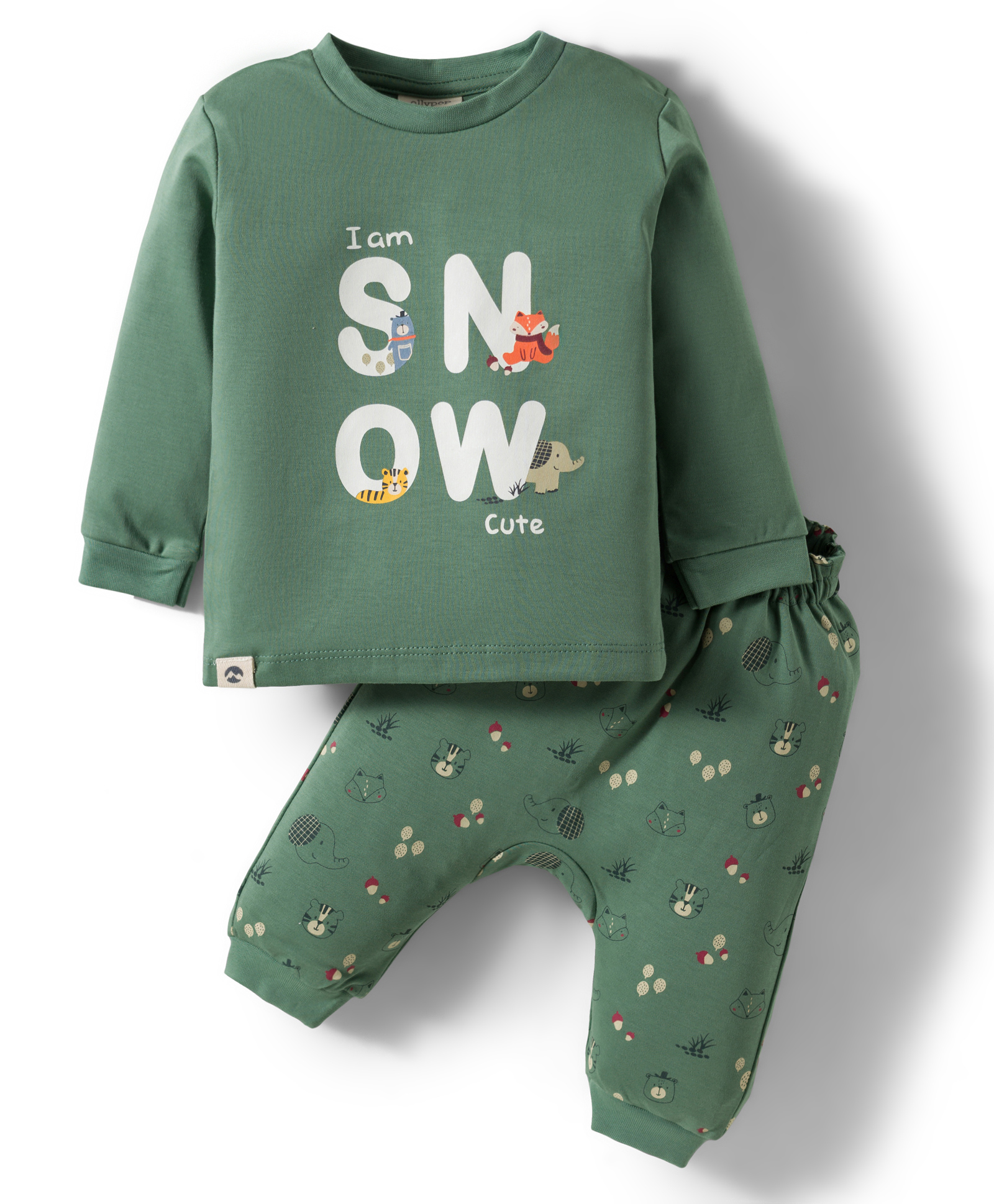 Ollypop Interlock Knit Full Sleeves T-Shirt & Diaper Pant Set with Animal Print - Olive Green-picture-26
