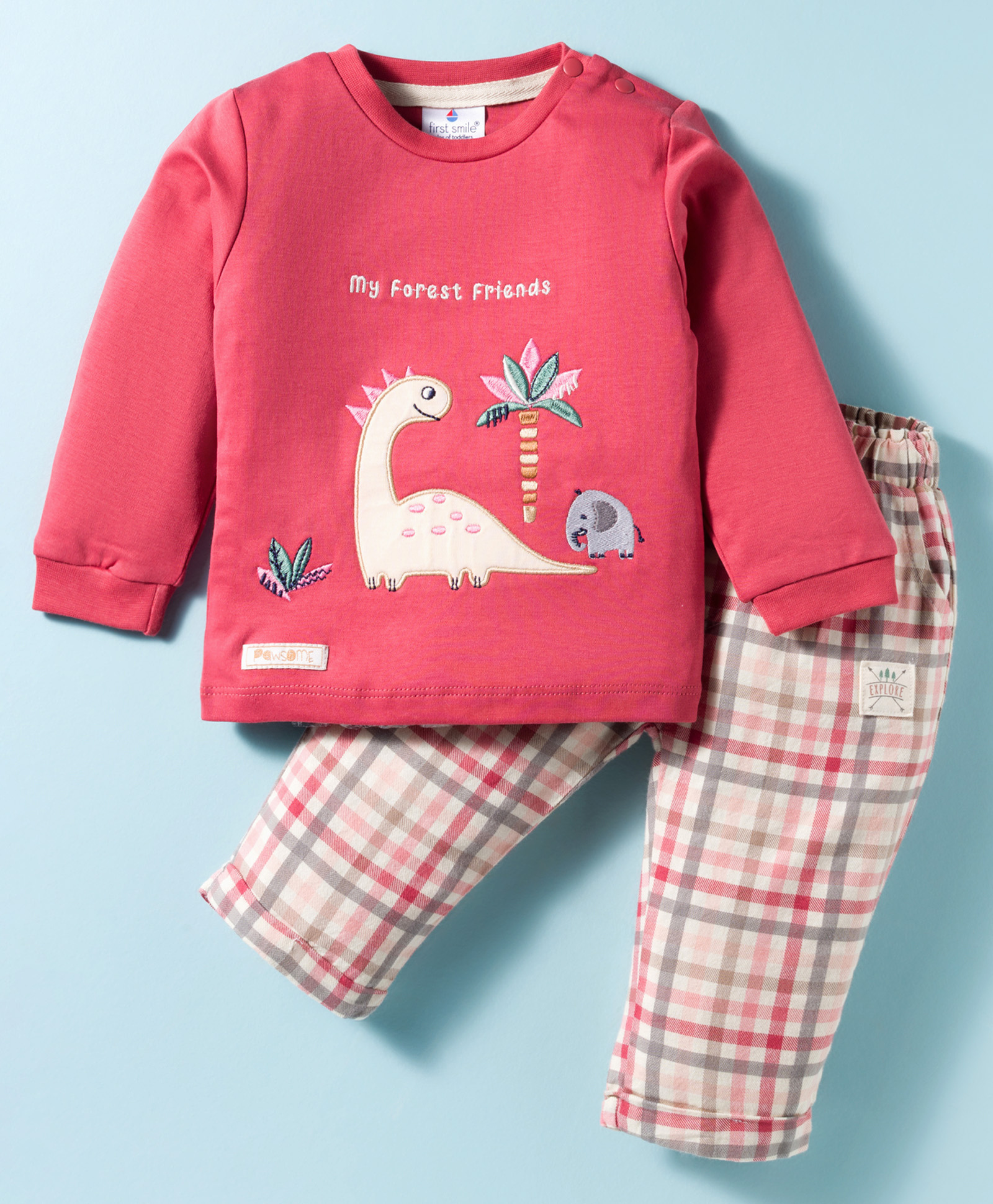 First Smile Interlock Knit Full Sleeves T-Shirt & Checks Lounge Pant Set With Animal Embroidery - Red-picture-13