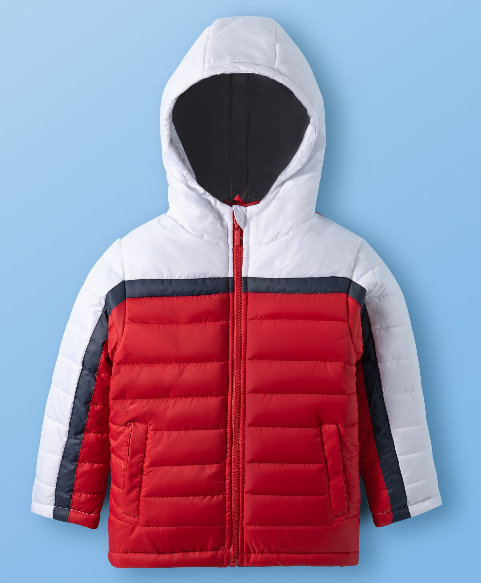 Pine Kids Woven Full Sleeves Font Open Color Block Padded Hooded Jacket & Pocket - Red & White-image-39