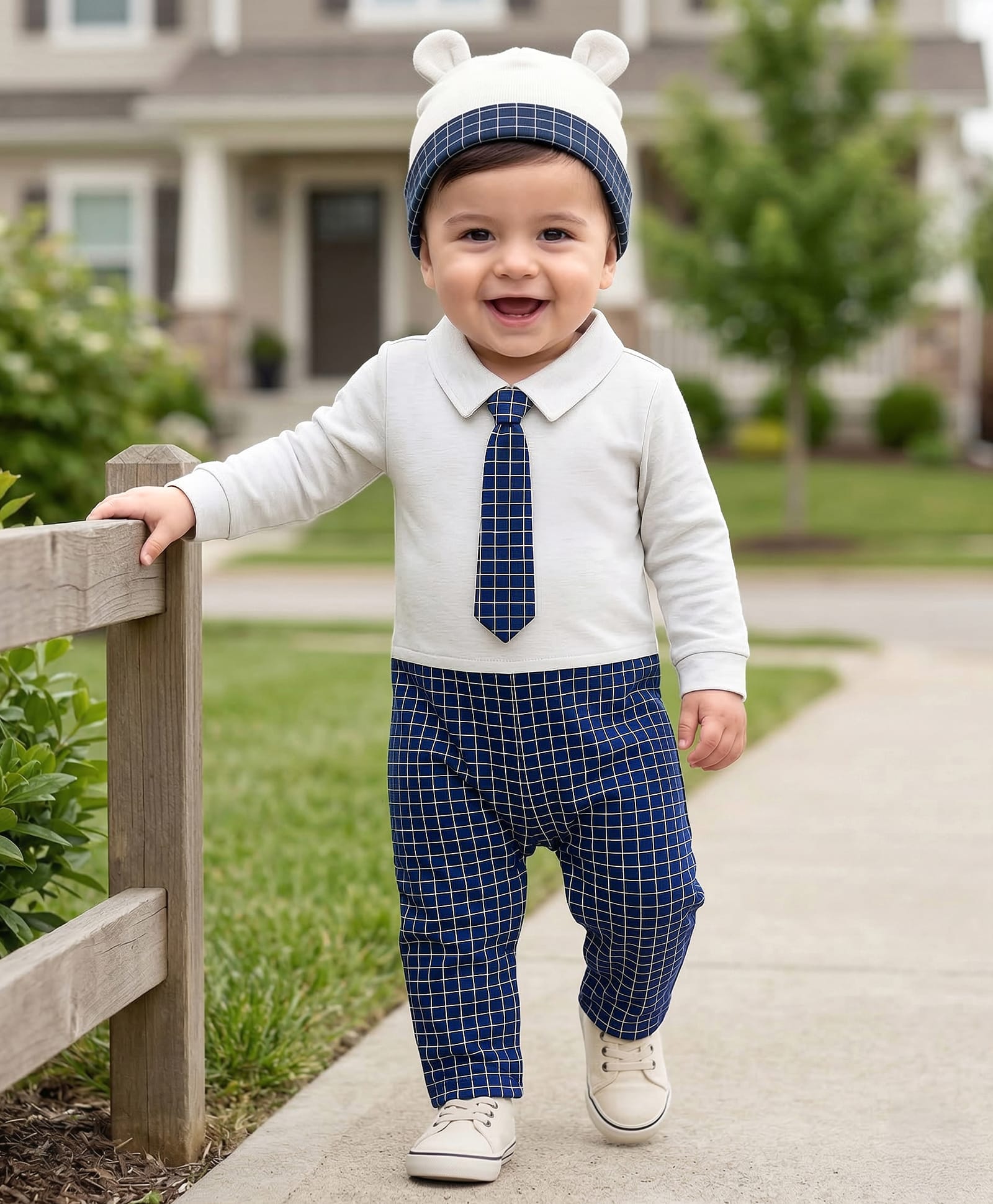 Babyhug Cotton Knit Full Sleeves Party Romper Checked Design & Tie Detailing With Cap - Grey & Navy Blue-picture-10