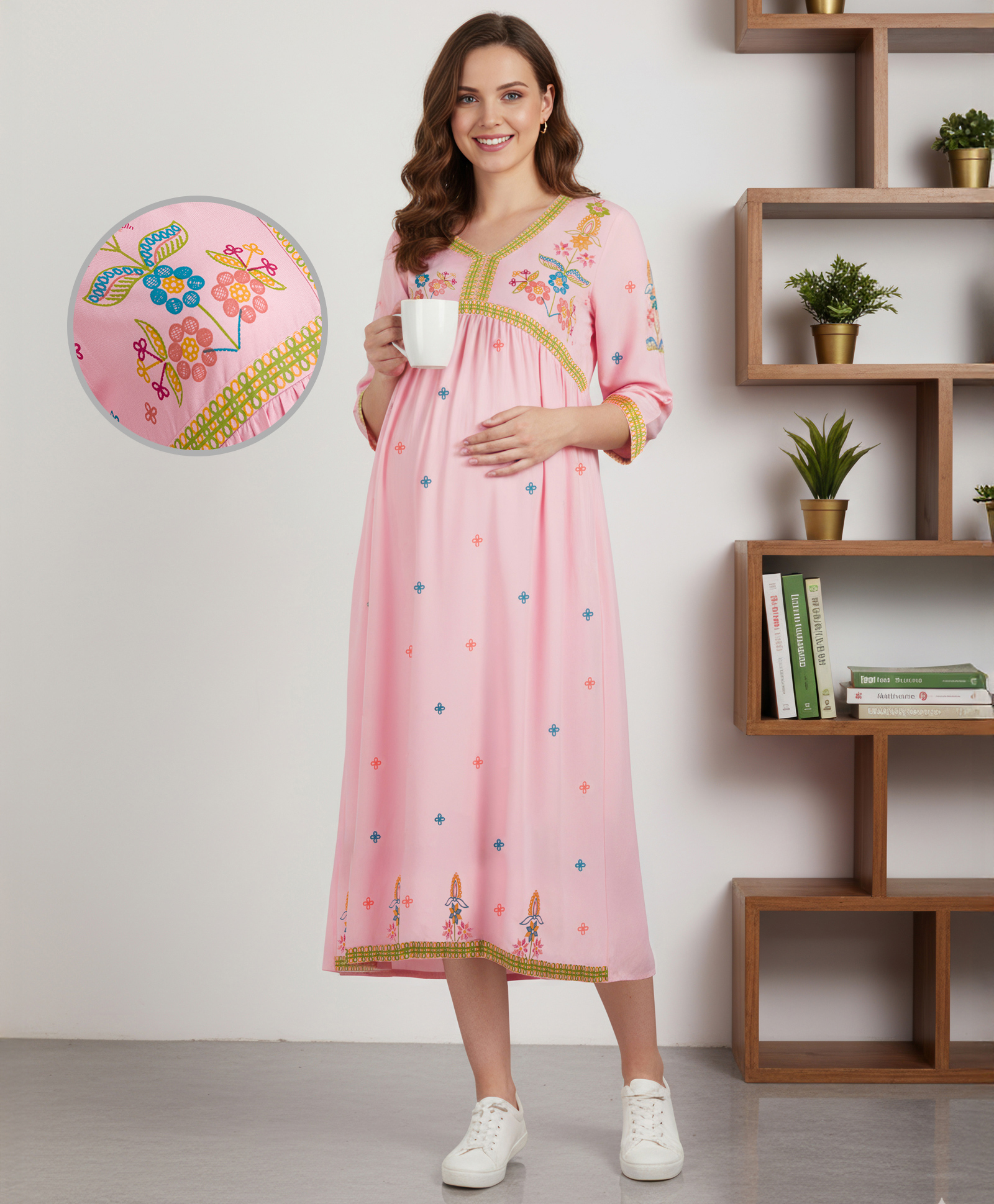 Bella Mama Woven Three Forth Sleeves Floral Printed Yoke Maternity Dress With Border Detailing - Pink-image-23