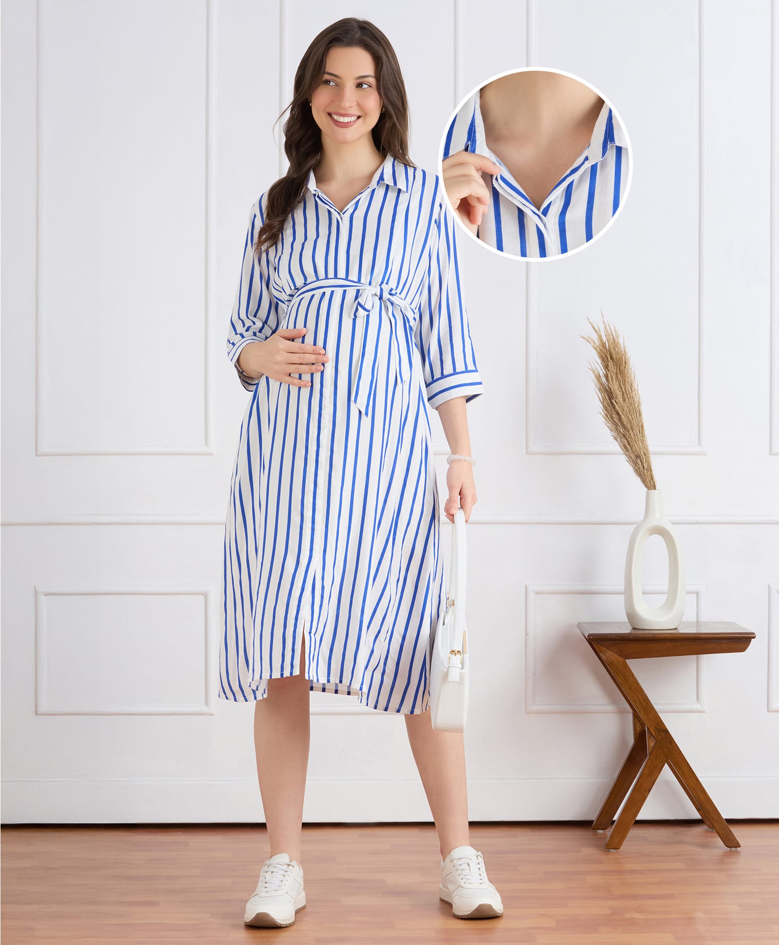 Bella Mama Woven Three Fourth Sleeves Maternity Shirt Dress With Stripes - Blue & White