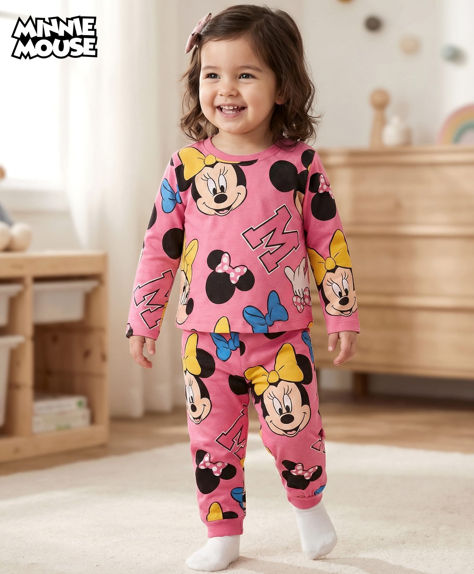 Babyhug Disney 100% Cotton Full Sleeves Night Suit With Minnie Mouse Print - Dark Pink