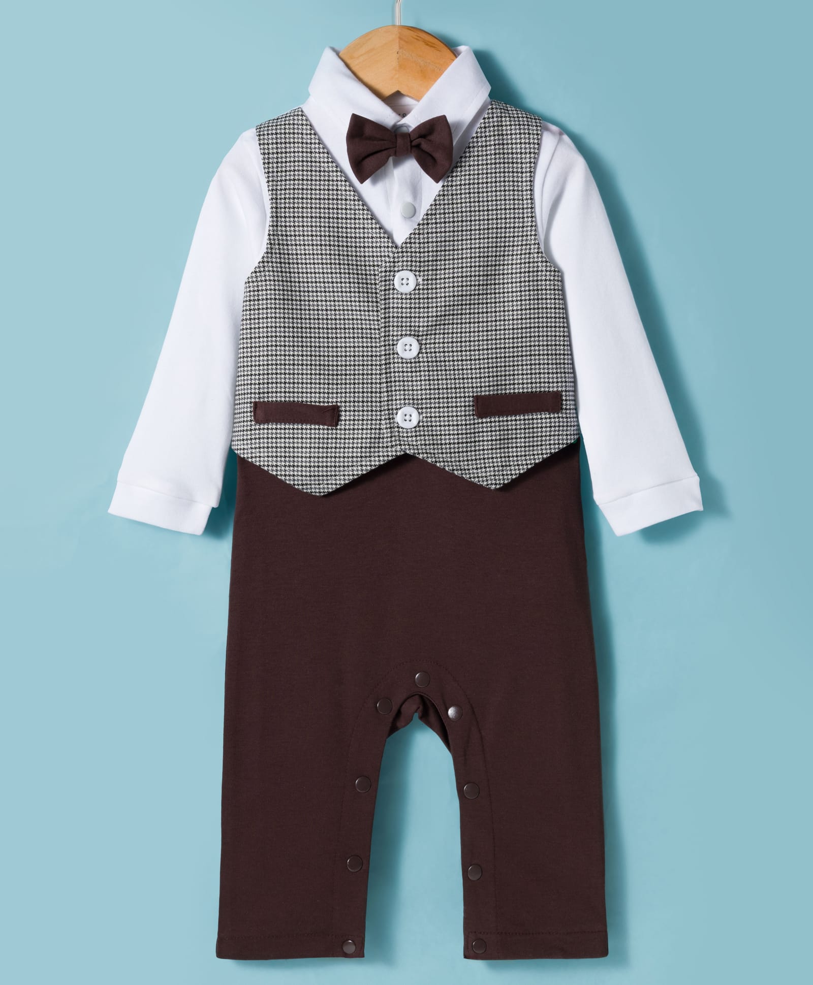 Mark & Mia Knit Full Sleeves Party Romper with Bow & Houndstooth Design - Brown-picture-12