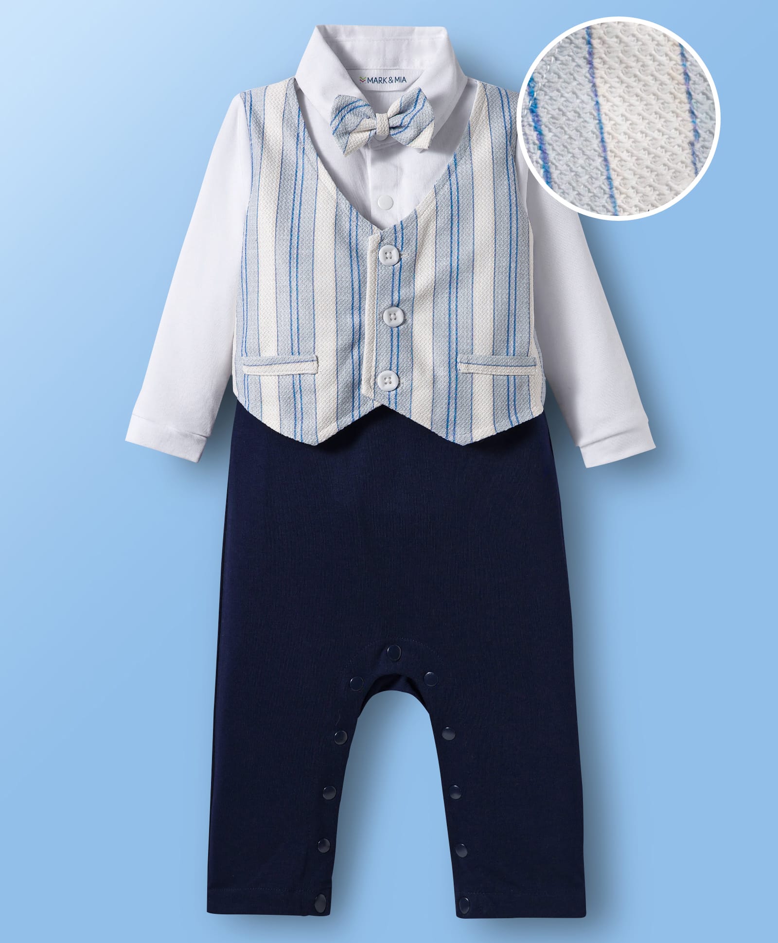 Mark & Mia Knit Full Sleeves Partywear Romper with Bow & Stripes Print - Offwhite & Navy Blue-picture-24
