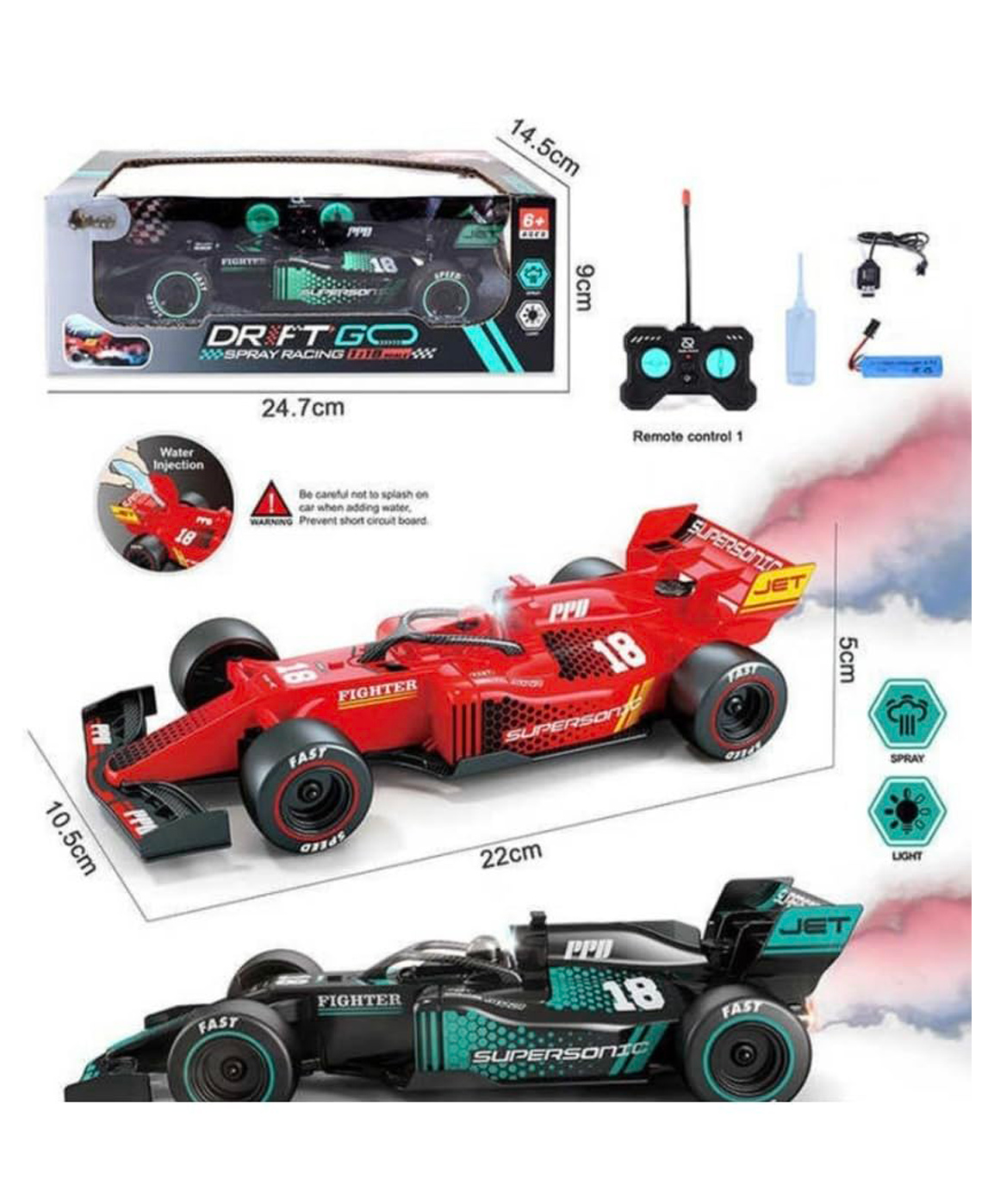 AKN TOYS 1:18 Scale Formula F1 Design with LED Lights, Drift GO Spray Racing Car, Graphic Decals, High-Speed Performance & Quick Reflex Remote Control Cart - PACK OF 1 - ( COLOR MAY VARY )-image-5