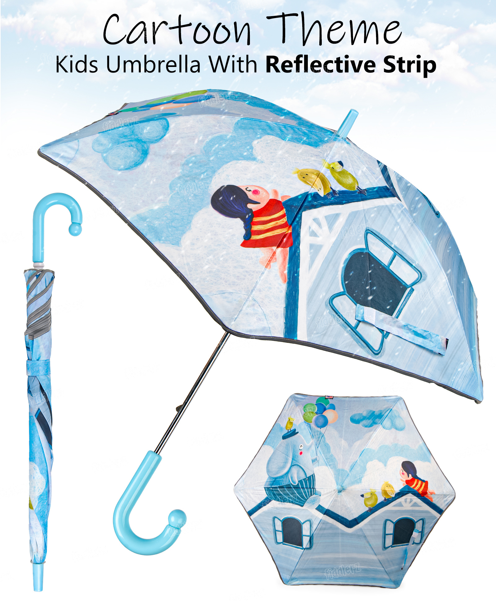 Fiddlerz Cartoon Printed Umbrella - Blue-image-43