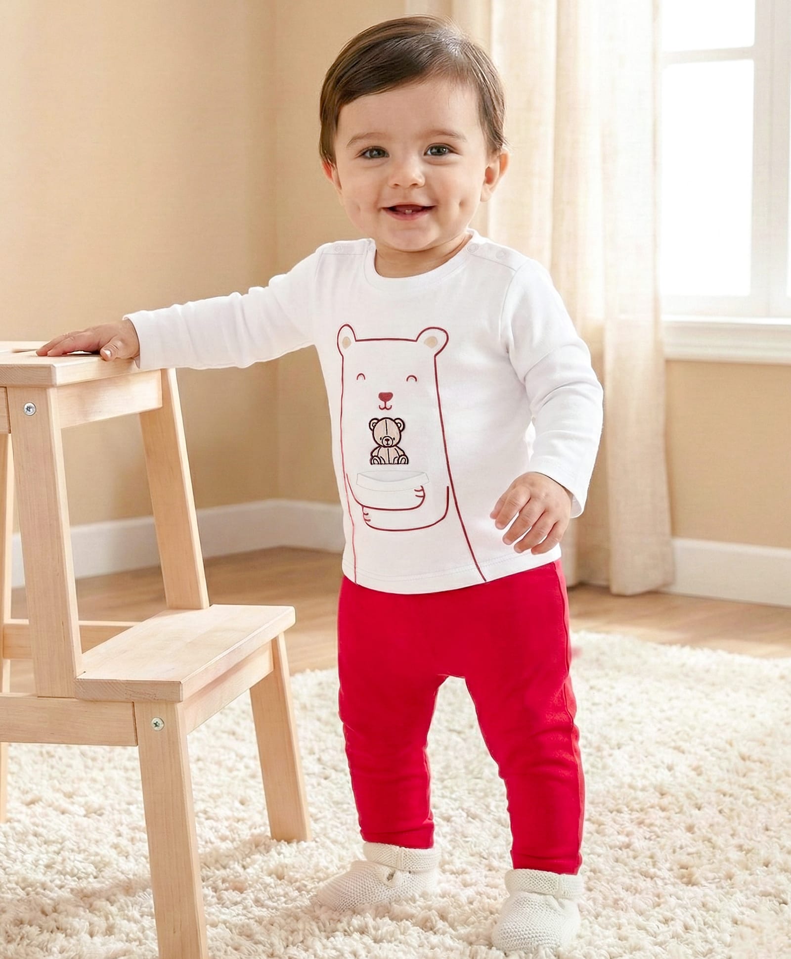 Babyoye 100% Cotton Knit Full Sleeves Romper With Bear Print - White & Red-image-25