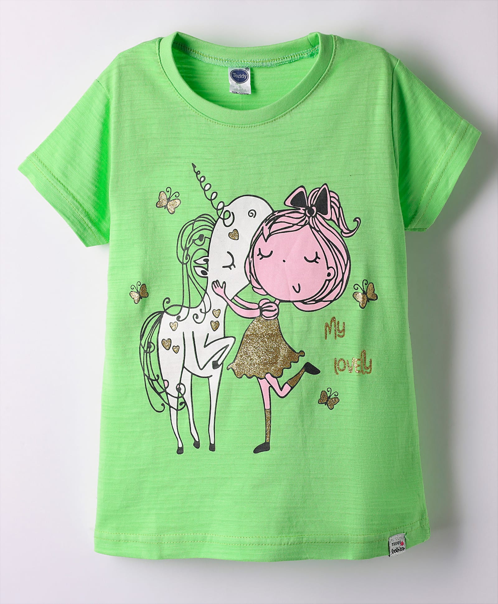 Teddy Sinker Knit Half Sleeves T-Shirt with Unicorn Print - Light Green-picture-30