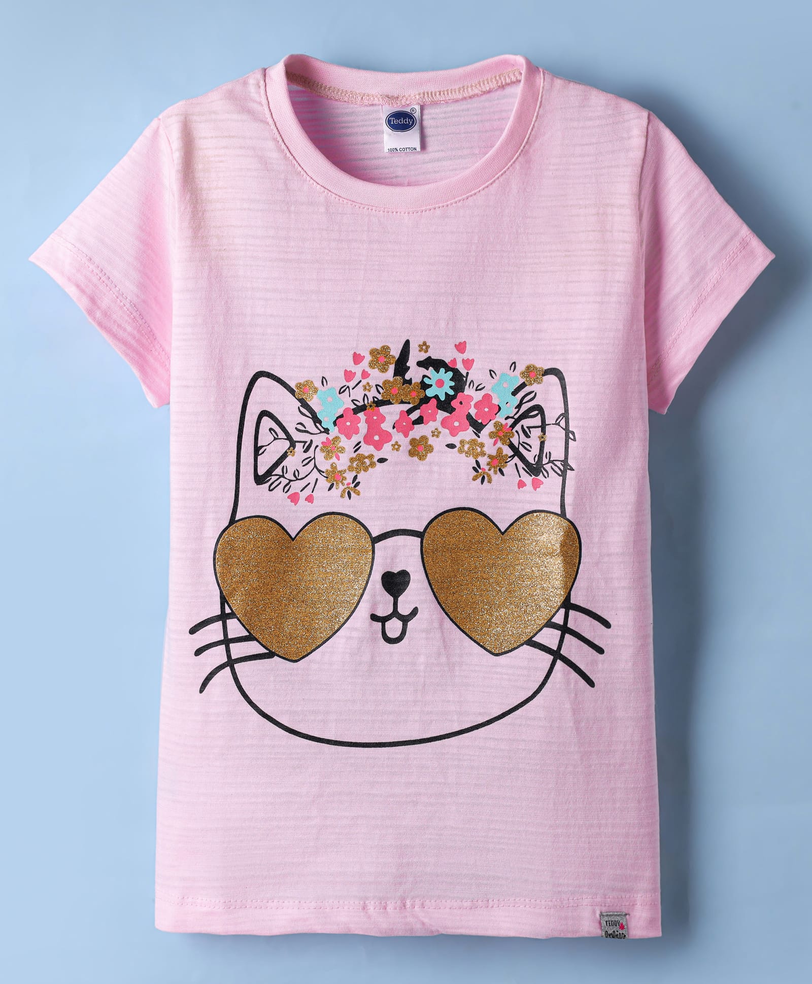 Teddy Sinker Knit Half Sleeves T-Shirt with Kitty Print - Pink-picture-36