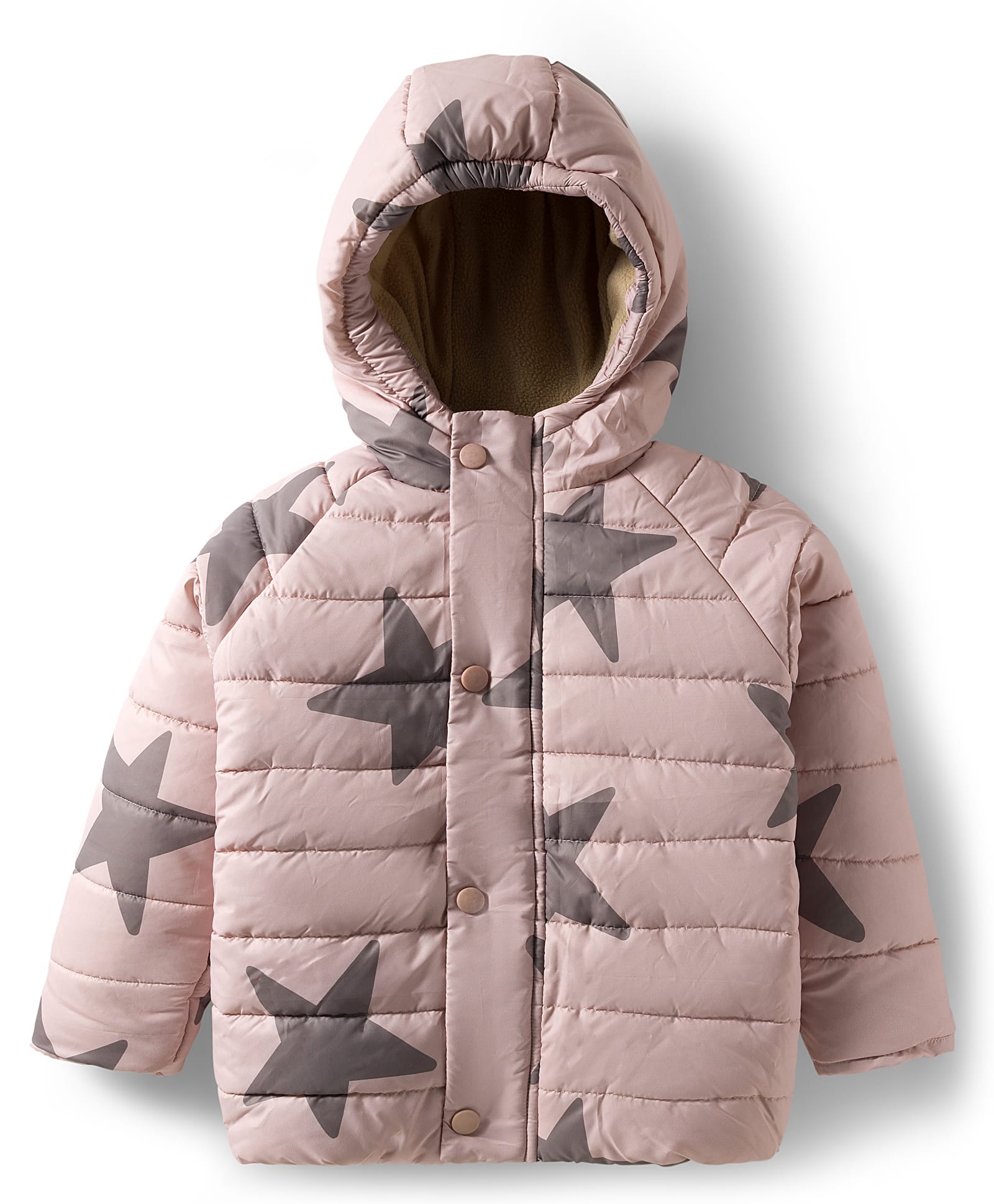 Babyhug Woven Full Raglan Sleeves Hooded Padded Jacket with Star Print - Beige-picture-21