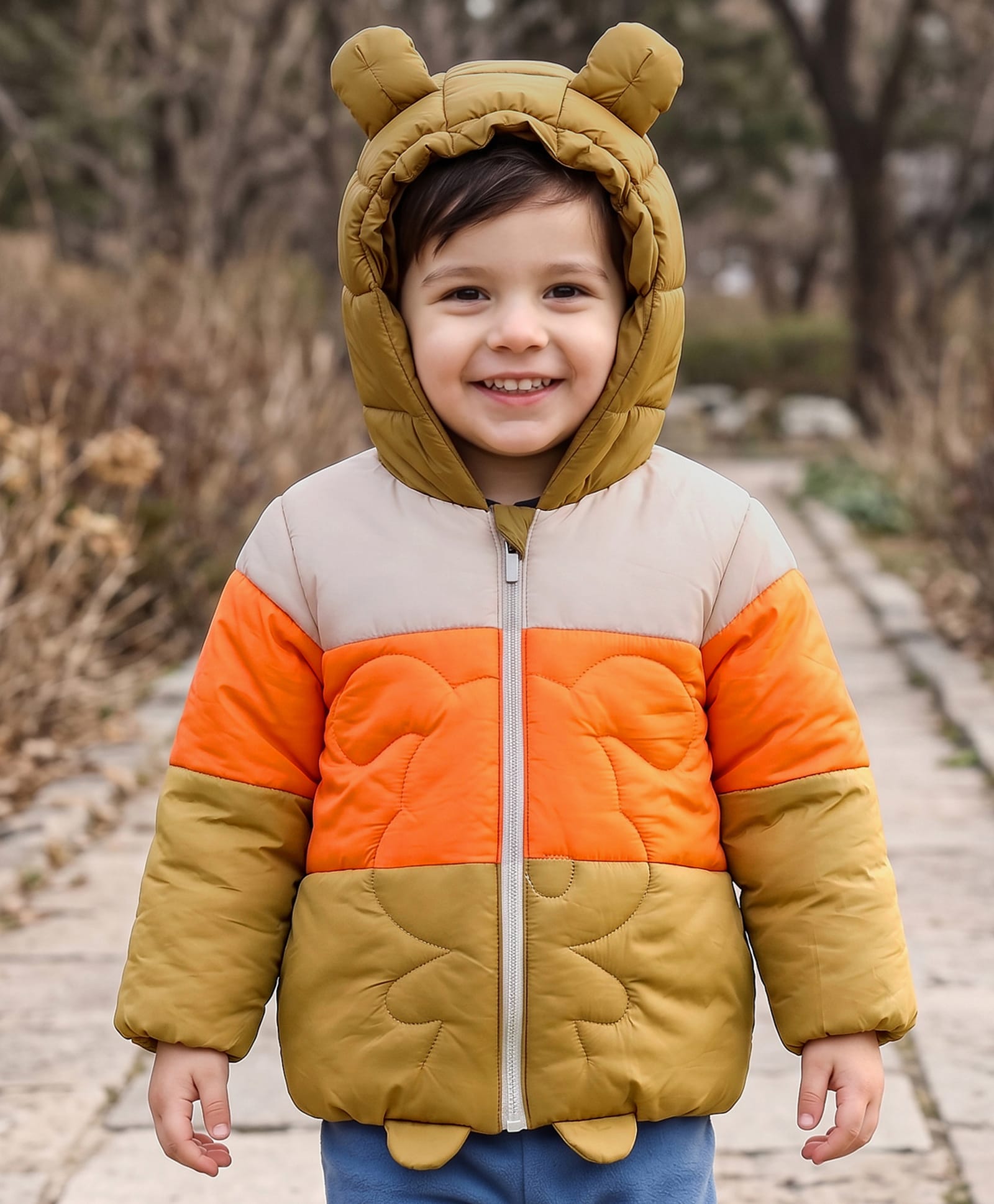 Babyhug Woven Full Sleeves Hooded Padded Jacket With Ear Applique - Beige-image-48