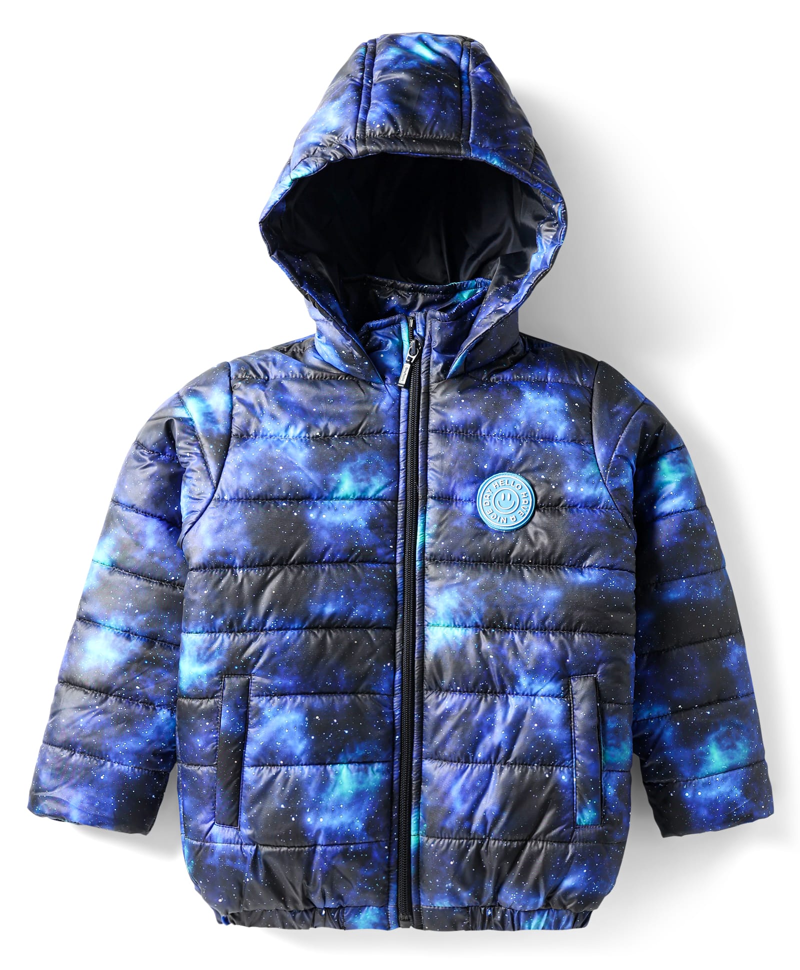 Babyhug Woven Full Sleeves Hooded Padded Jacket With Galaxy Theme Print - Navy Blue-image-31