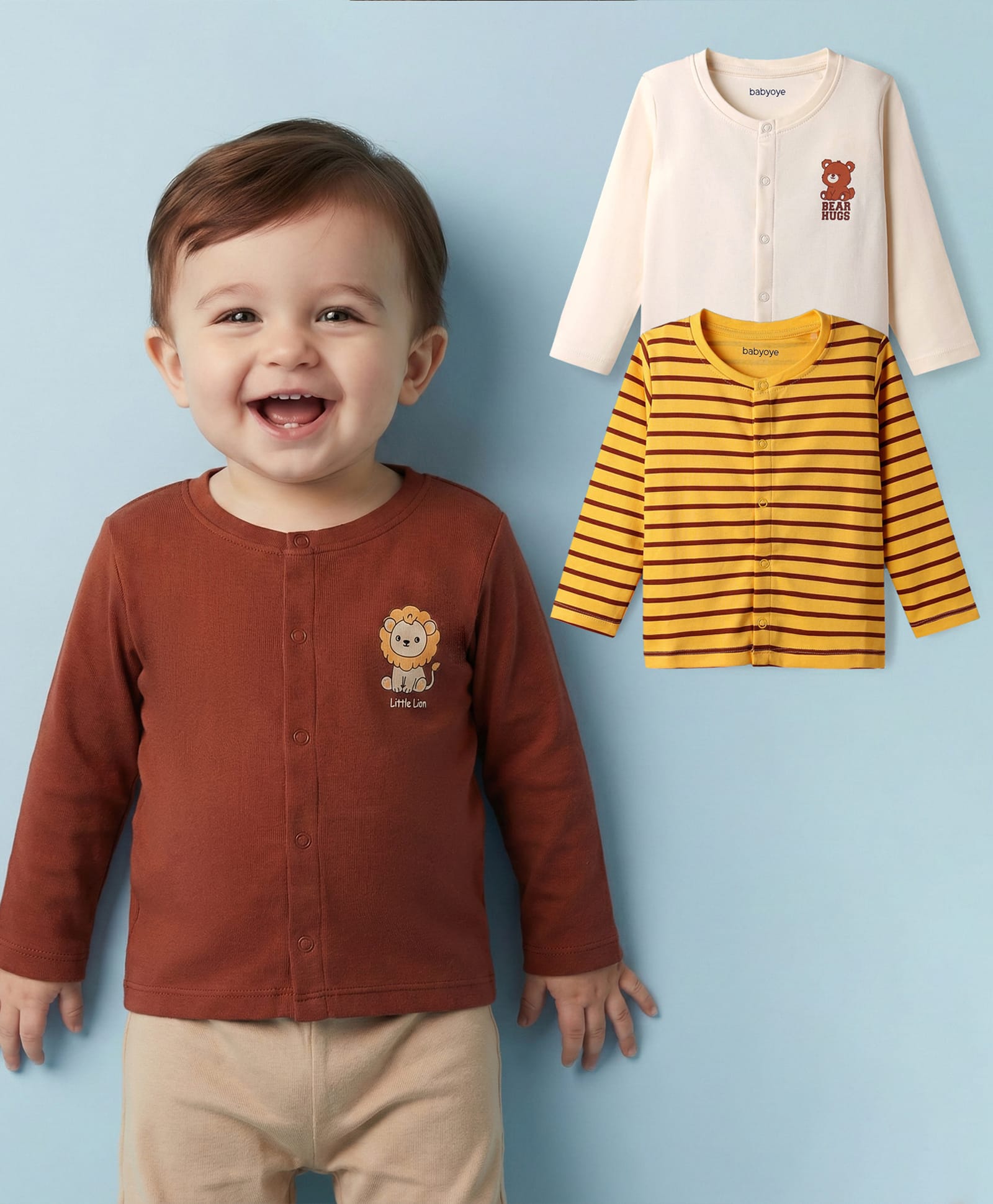 Babyoye Male 100% Cotton Knit Full Sleeves Jhablas with Strips & Animal Print Pack of 3 - White Brown & Yellow-image-16