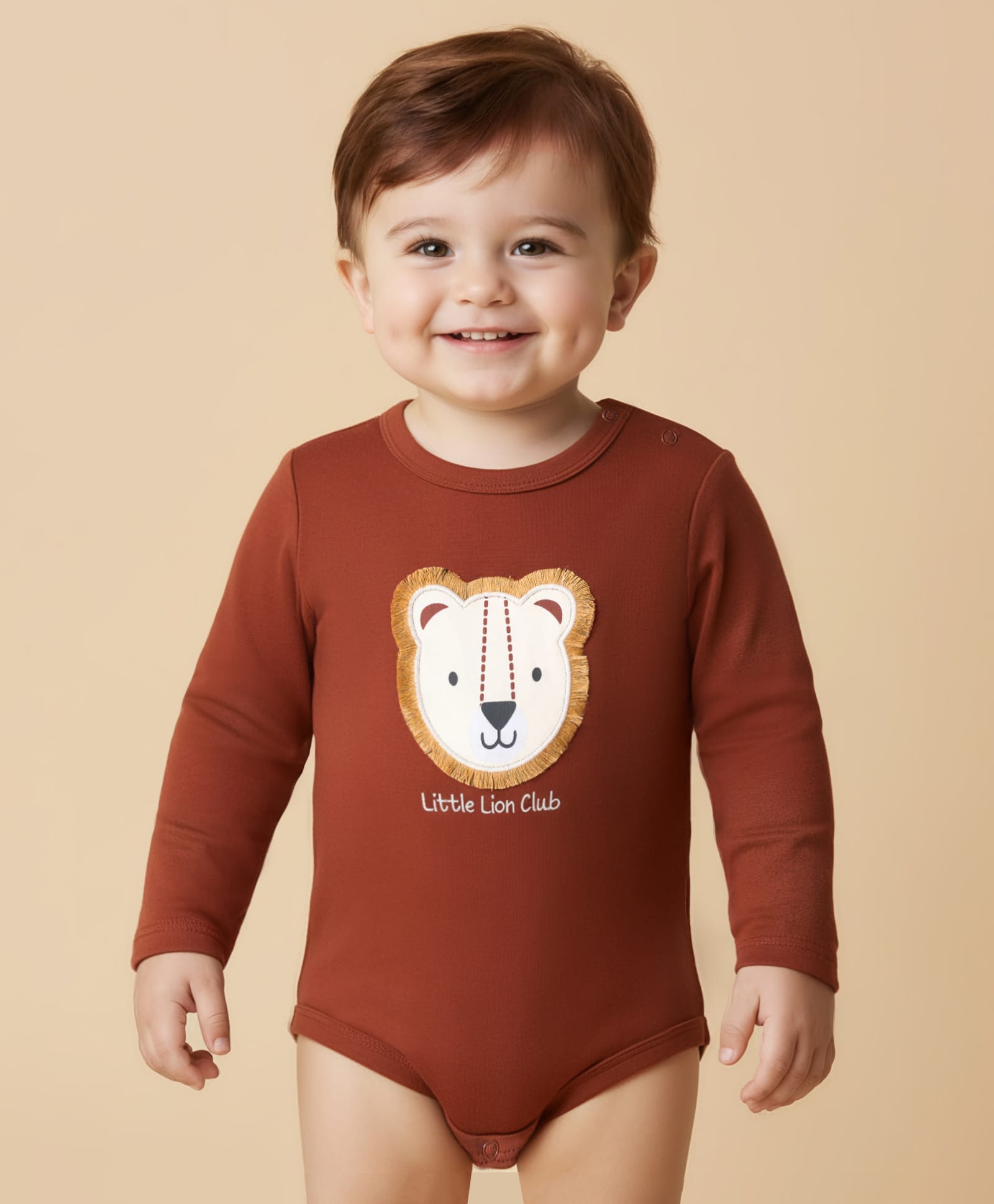 Babyoye 100% Cotton Interlock Knit Full Sleeves Onesie with Lion Print - Dark Brown-picture-14