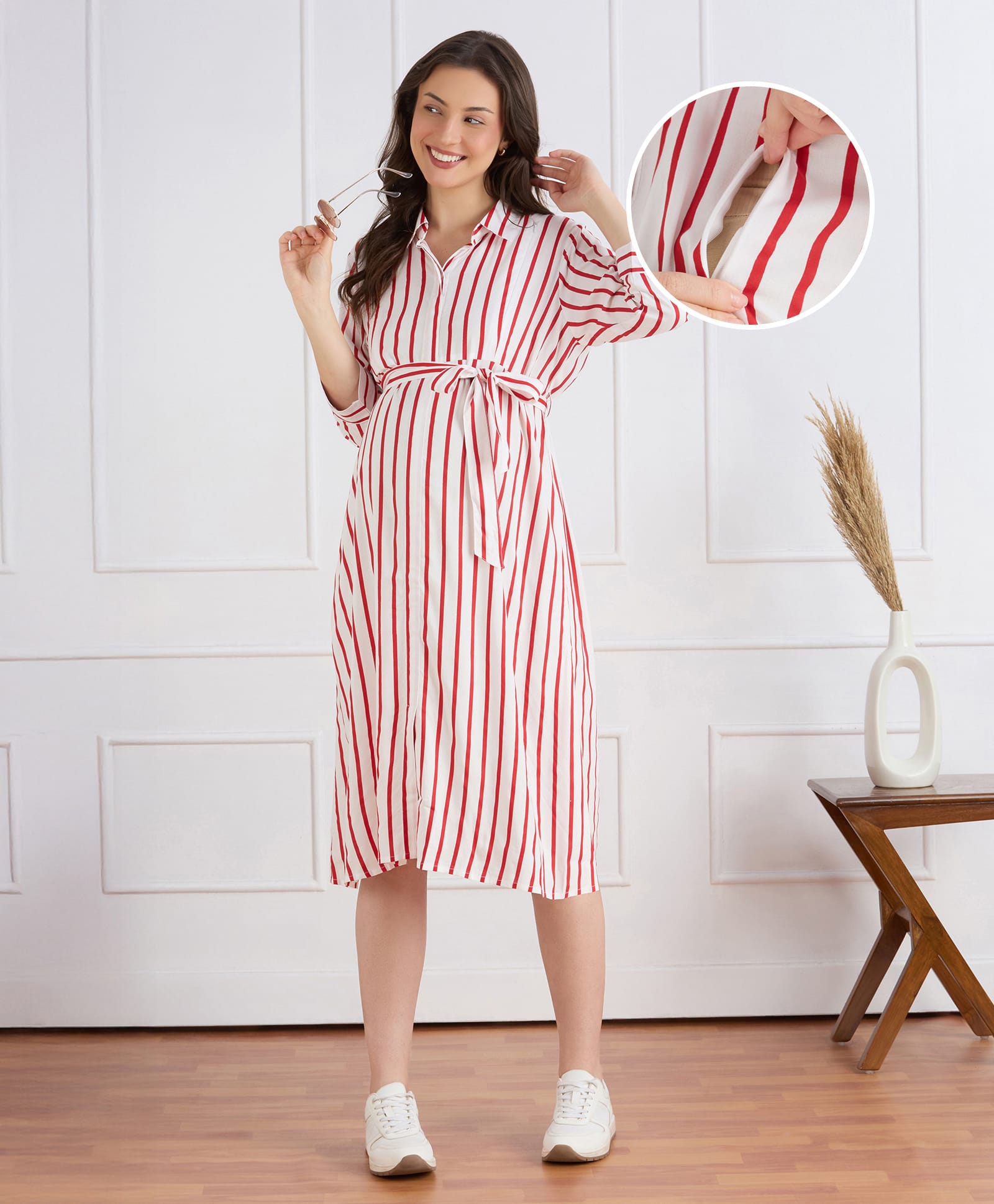 Bella Mama Woven Three Fourth Sleeves Maternity Shirt Dress With Stripes - Red & White-image-29