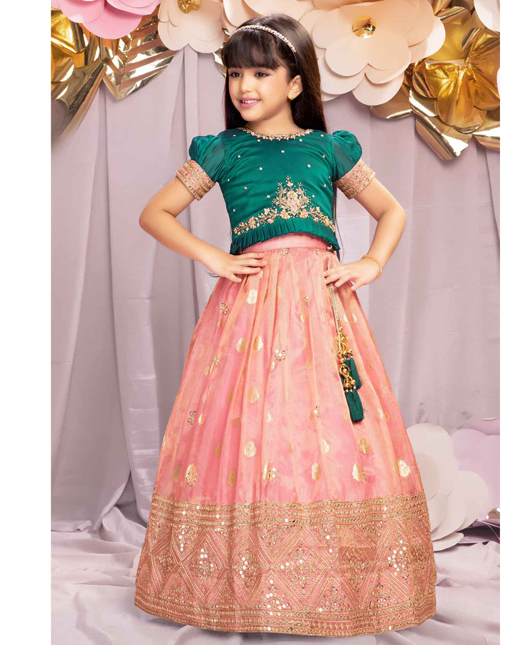 Lagorii Silk Woven Half Puffed Sleeves Floral Embroidered Ethnic Foil Printed Pattu Pavadai Set - Green-picture-12