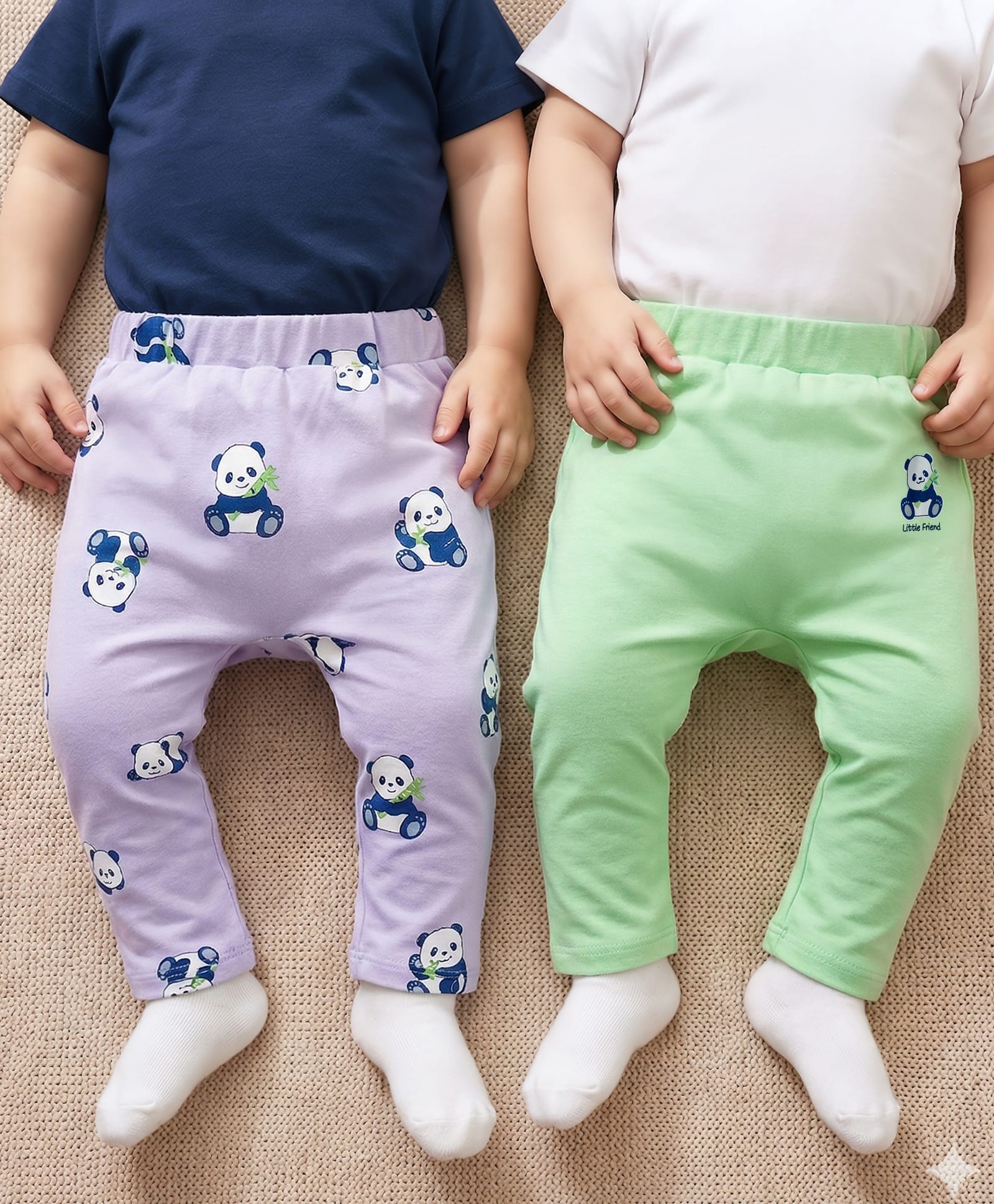 Babyoye 100% Cotton Knit Full Length Diaper Leggings with Bear Print Pack of 2 - Light Green & Lavender-picture-20