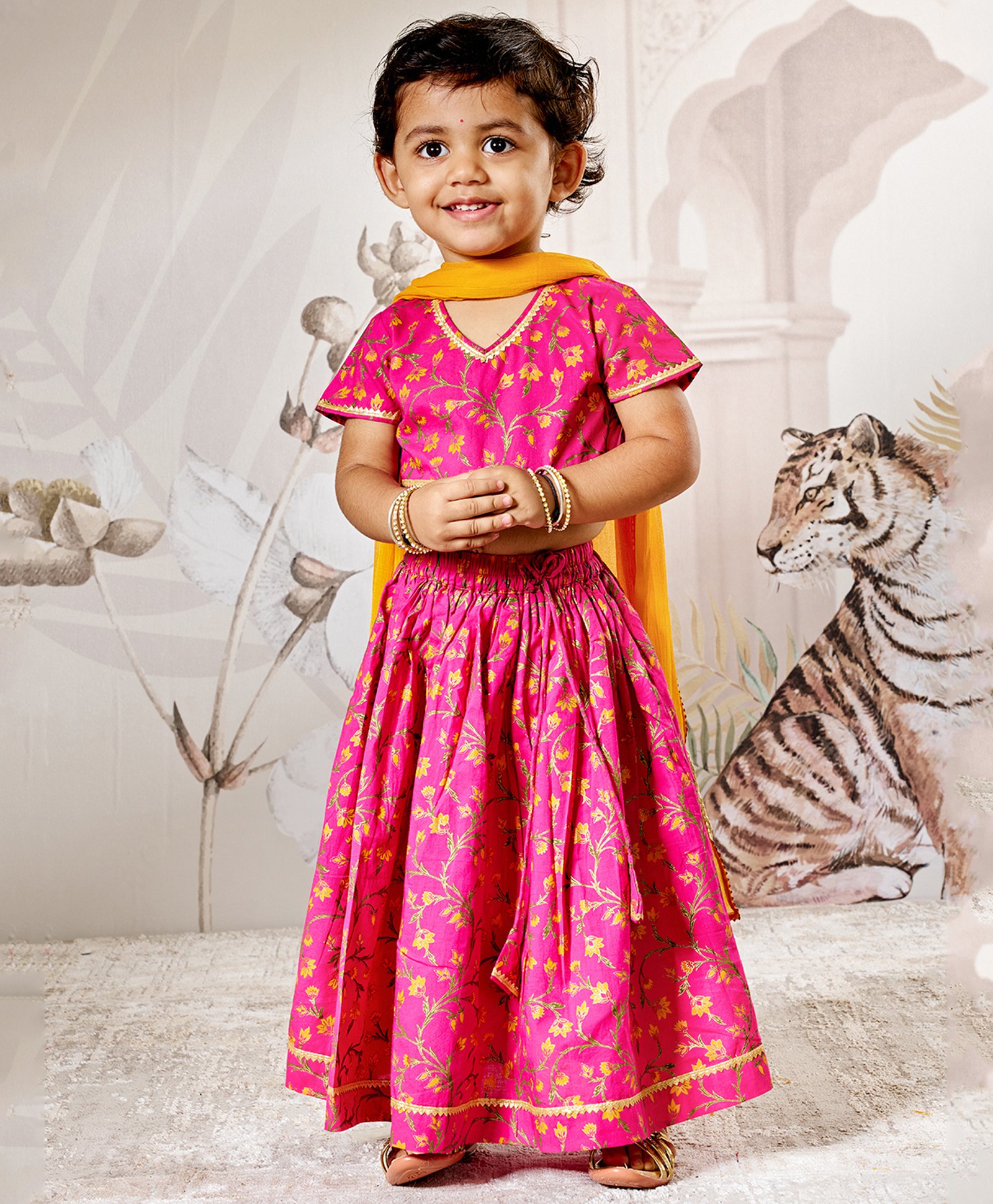 Vastramay Cotton Woven Half Sleeves Floral Printed Lace Embellished Lehenga Choli & Dupatta Set - Pink-image-25