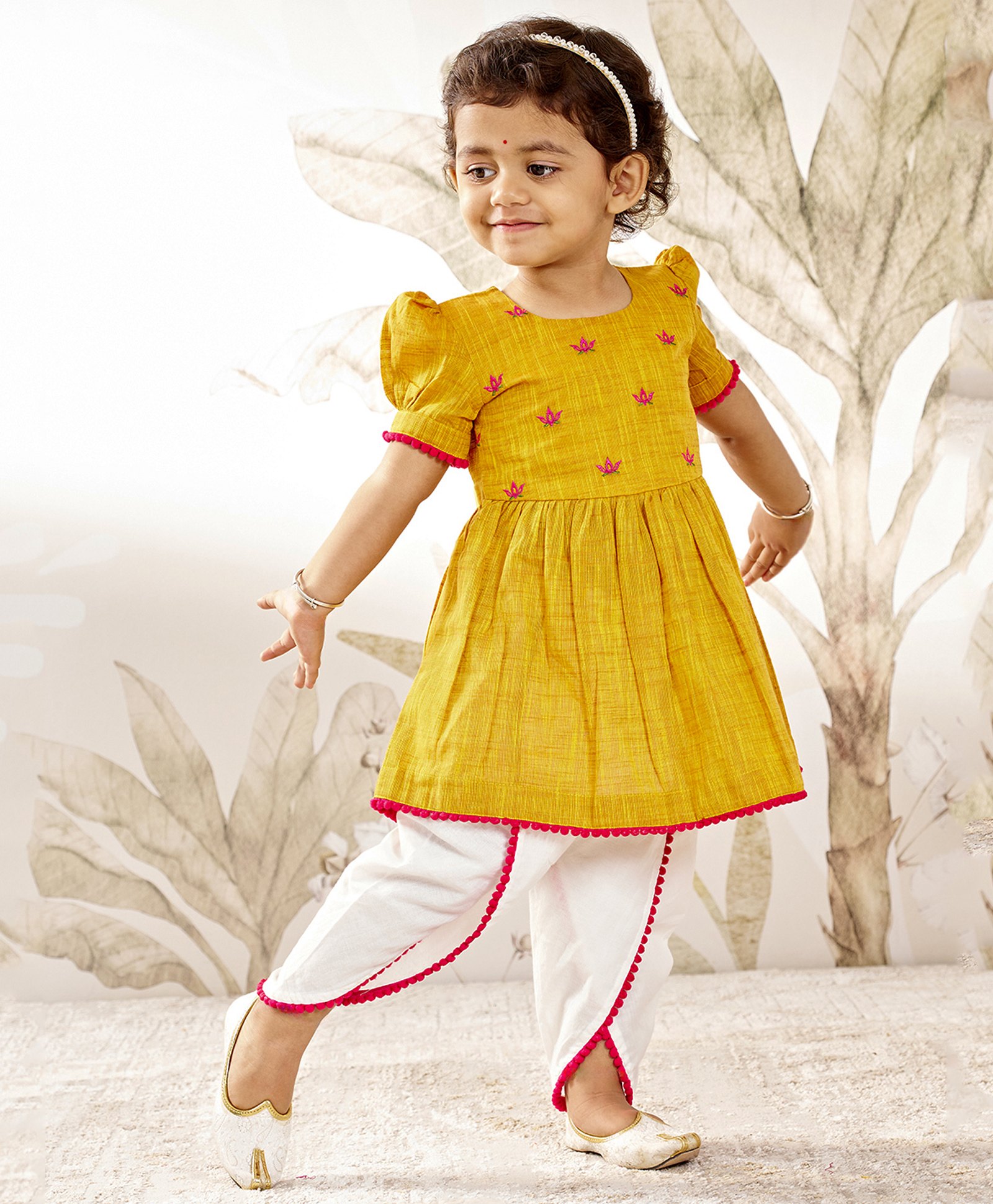 Vastramay Cotton Woven Puffed Sleeves Floral Embroidered Kurta Dhoti Set - Mustard-image-49