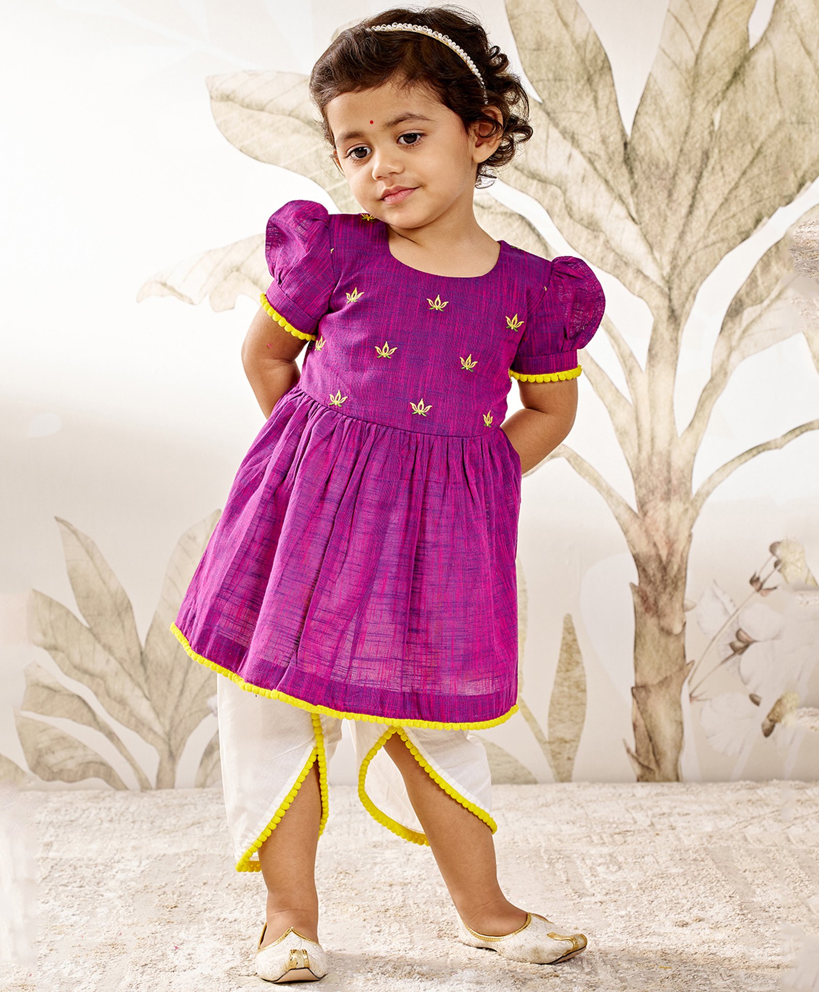 Vastramay Cotton Woven Puffed Sleeves Floral Embroidered Kurta Dhoti Set - Purple-image-39