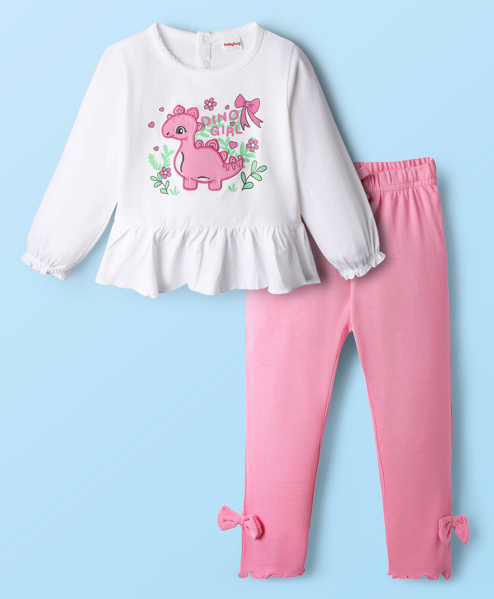 Babyhug Single Jersey Knit Full Sleeves Top and Leggings Set with Back-Snap Buttons Dino Print & Bow Applique - White & Pink-picture-28