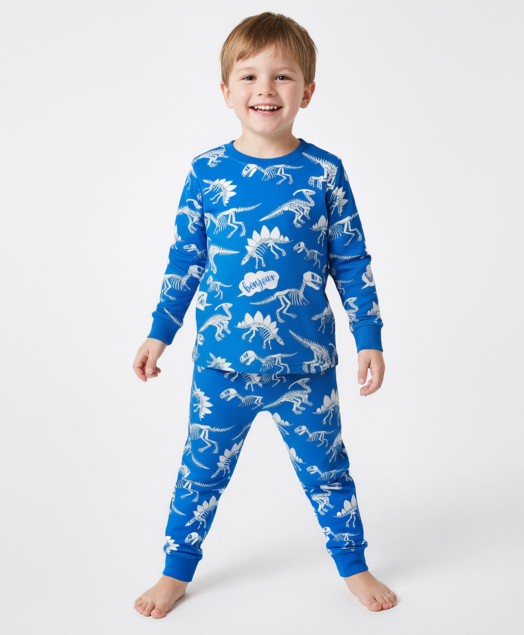 Bonfino 100% Cotton Knit Full Sleeves Co-ord Night Suit With Dino Print - Blue-picture-22