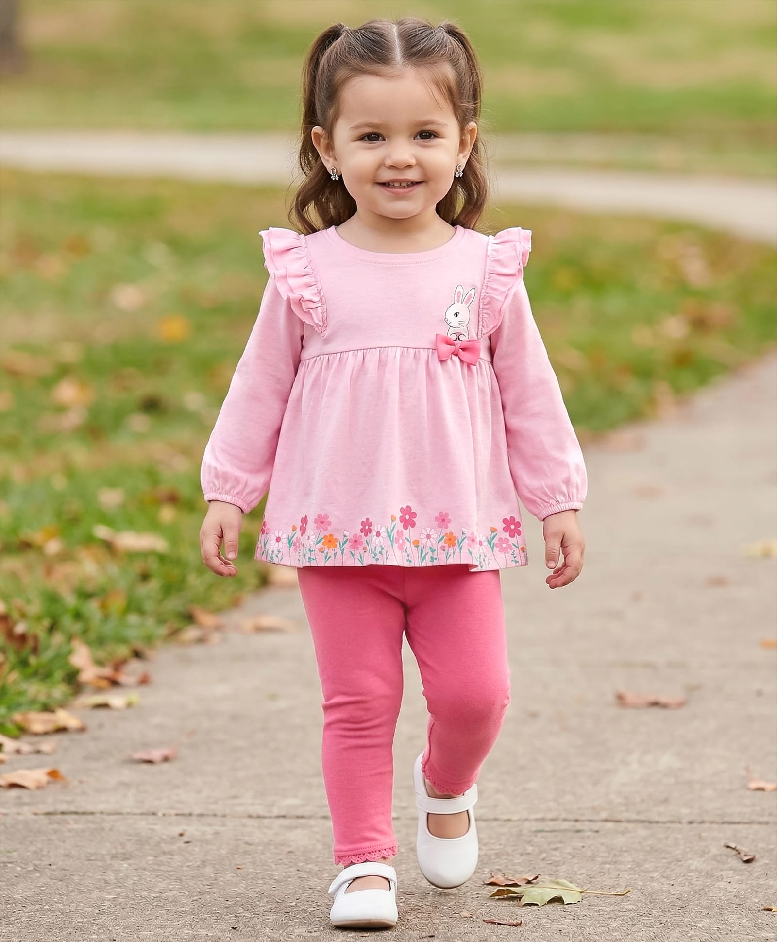Babyhug Single Jersey Knit Full Sleeves Top and Leggings Set with Back-Snap Buttons Bunny & Floral Print Bow Applique & Frill Detailing - Pink-picture-25