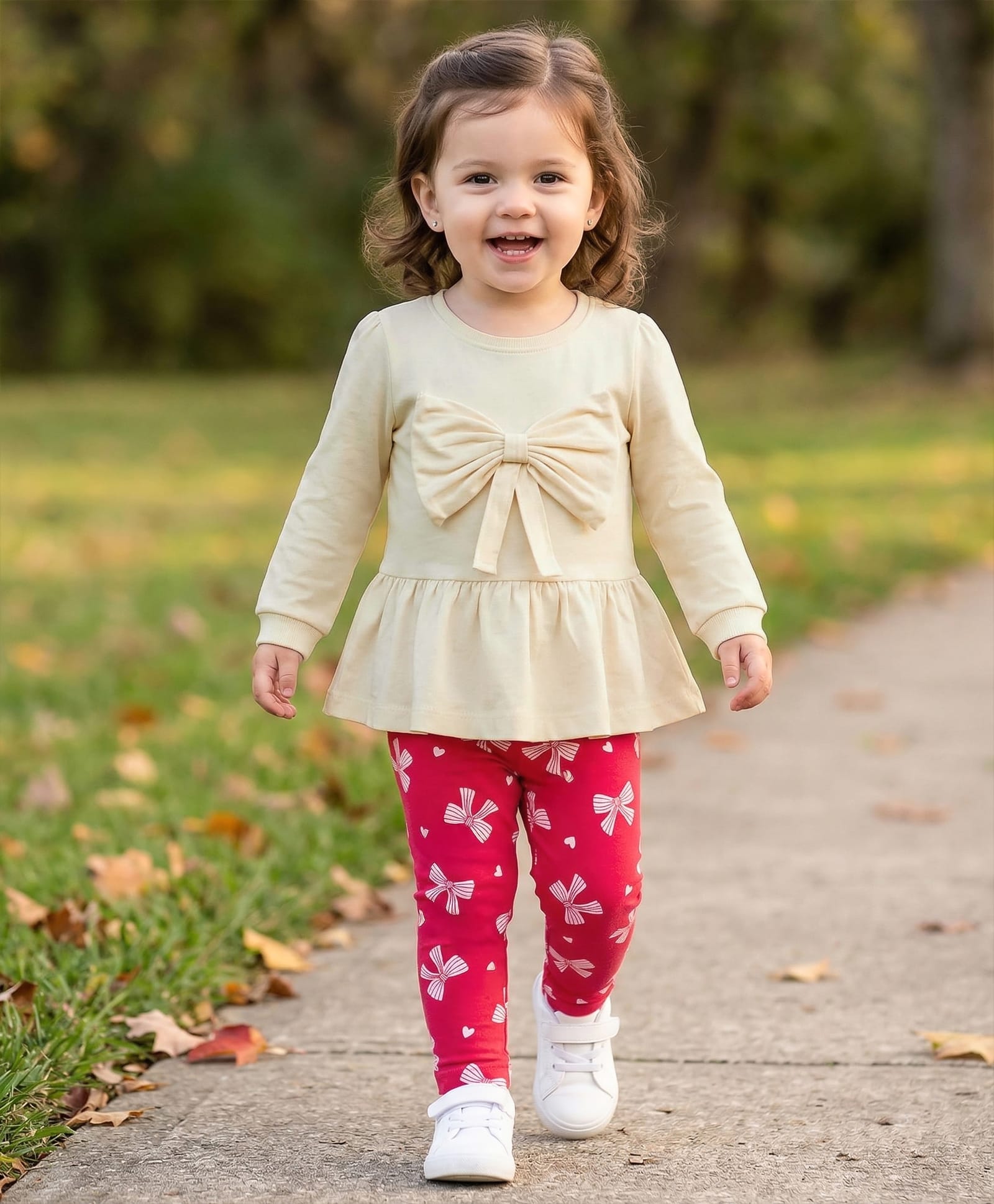 Babyhug Single Jersey Knit Full Sleeves Top and Leggings Set with Bow Print & Applique - Offwhite & Red-picture-33