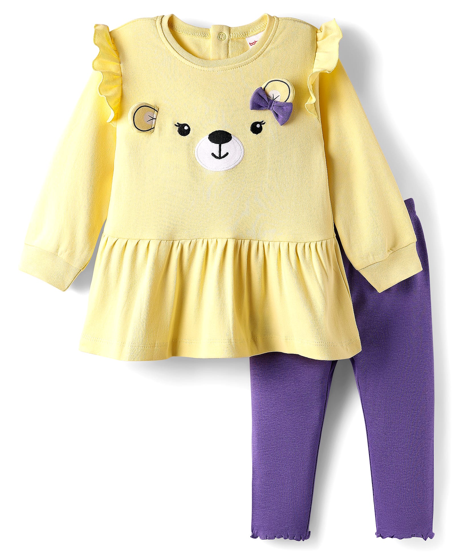 Babyhug Single Jersey Knit Full Sleeves Top and Leggings Set with Back-Snap Buttons & Bear Print - Yellow & Purple-picture-26