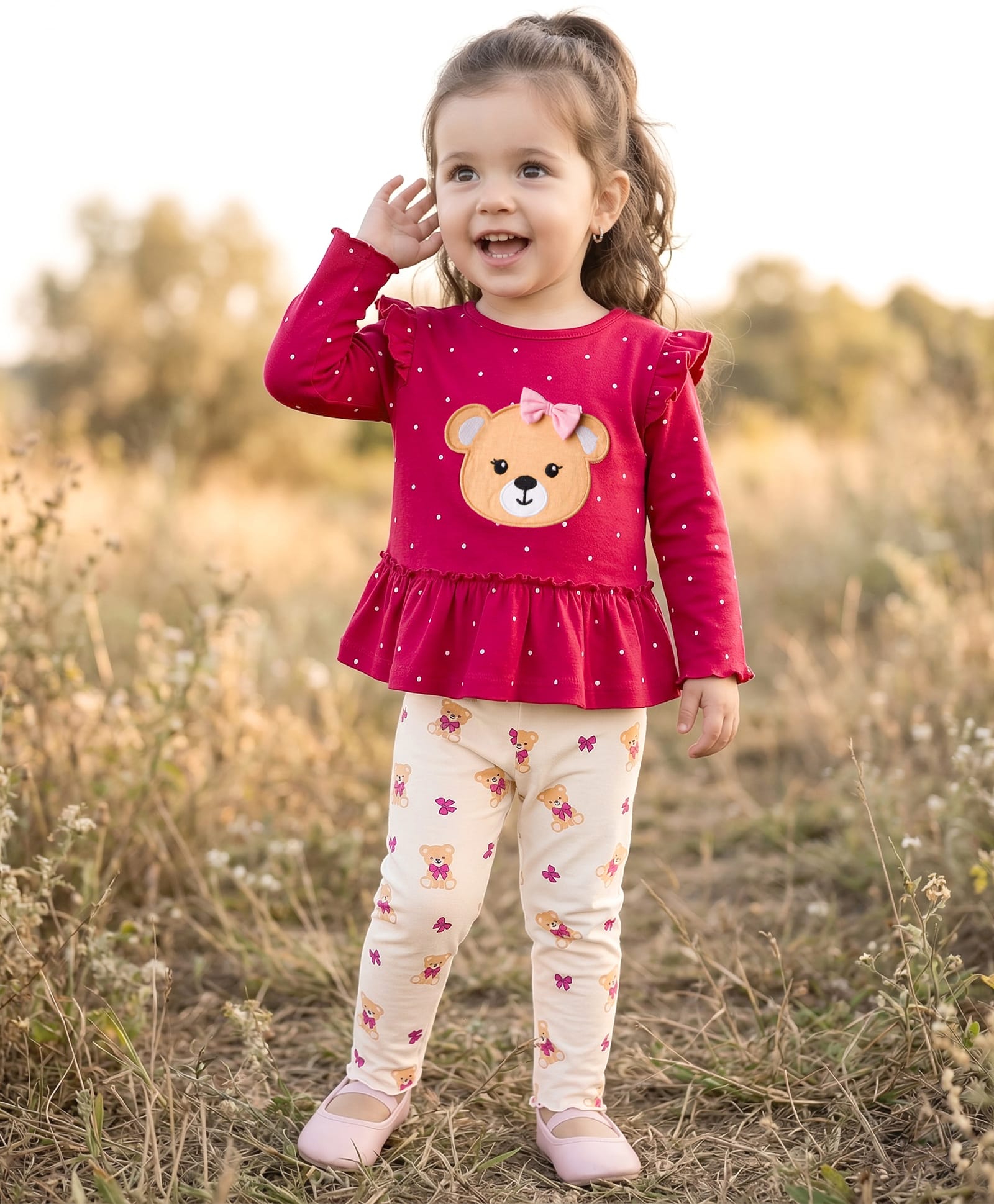 Babyhug Single Jersey Knit Full Sleeves Top & Leggings Set With Teddy Print Patch & Frill Detailing - Dark Pink & Beige-picture-38