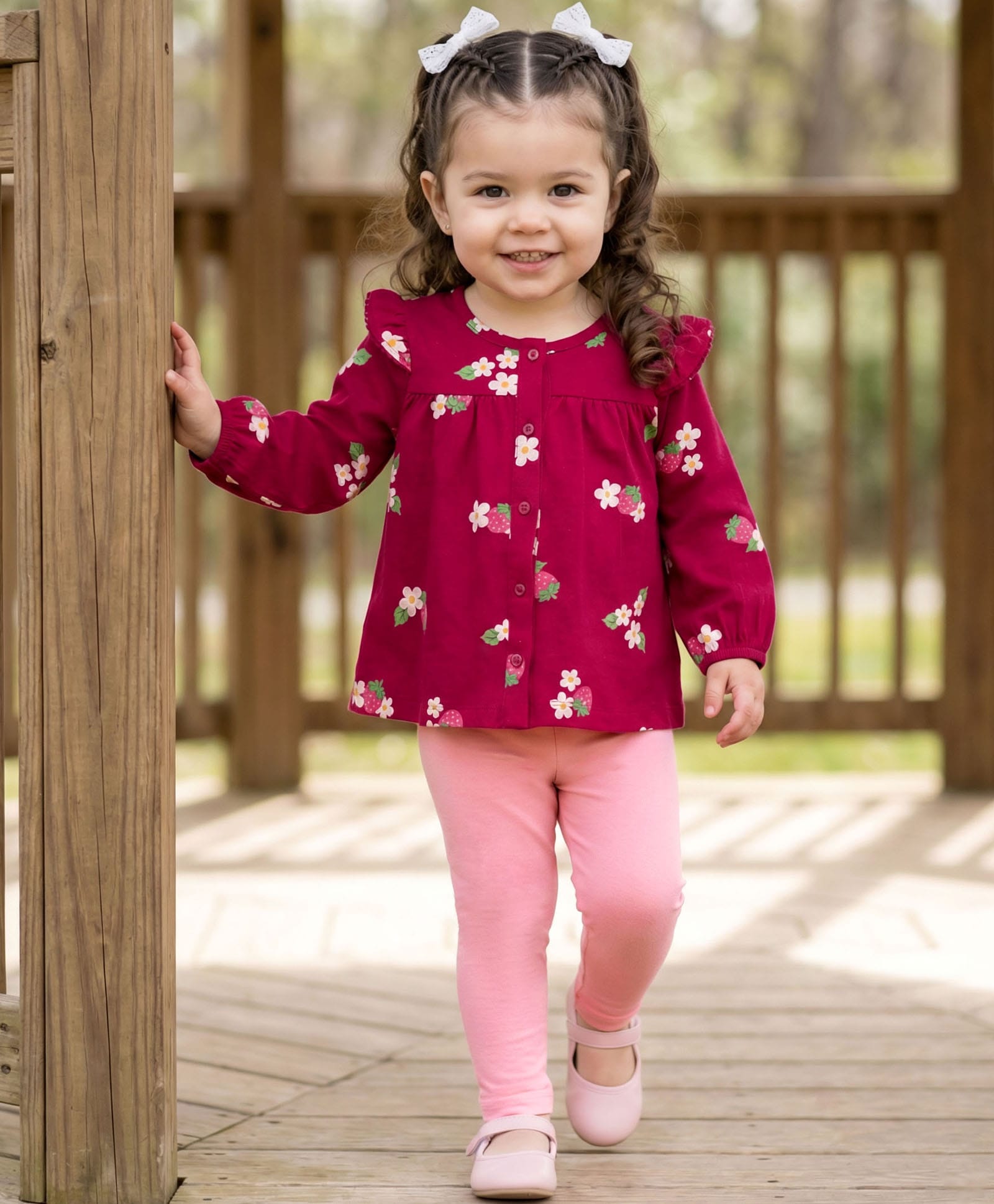 Babyhug Single Jersey Knit Full Sleeves Top and Leggings Set with Front-Buttons Floral Print & Frill Detailing - Maroon & Pink-picture-32