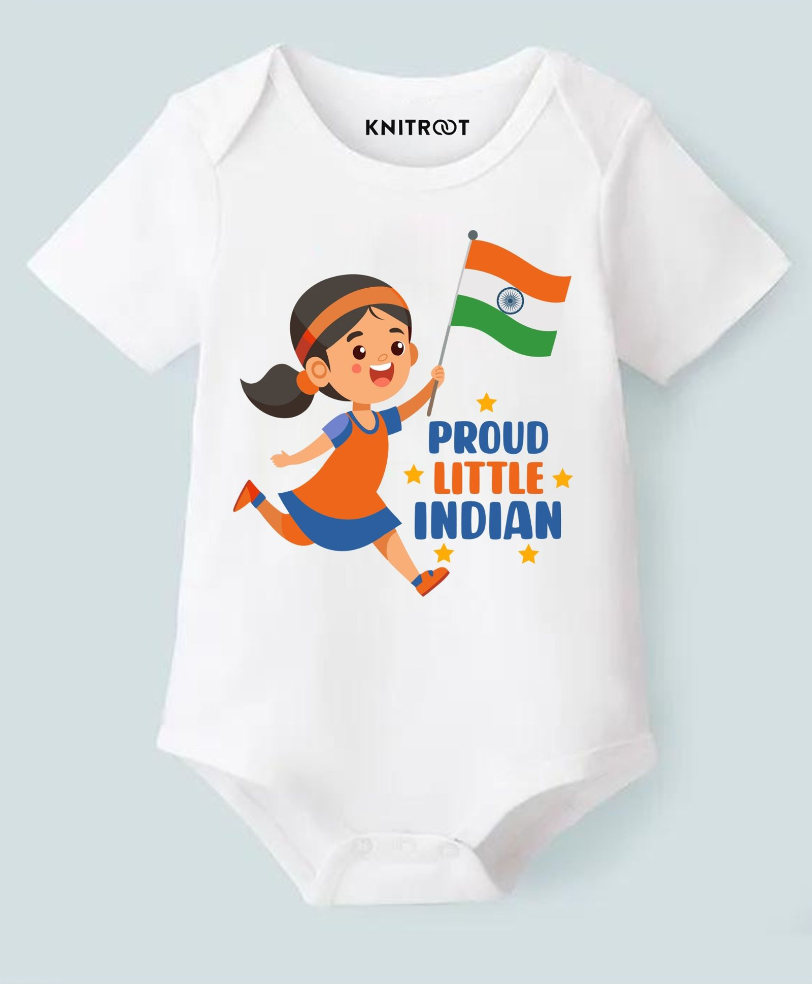 KNITROOT Cotton Lycra Knit Independence Day Theme Half Sleeves Proud Little Indian Text Printed Onesie - White-picture-18