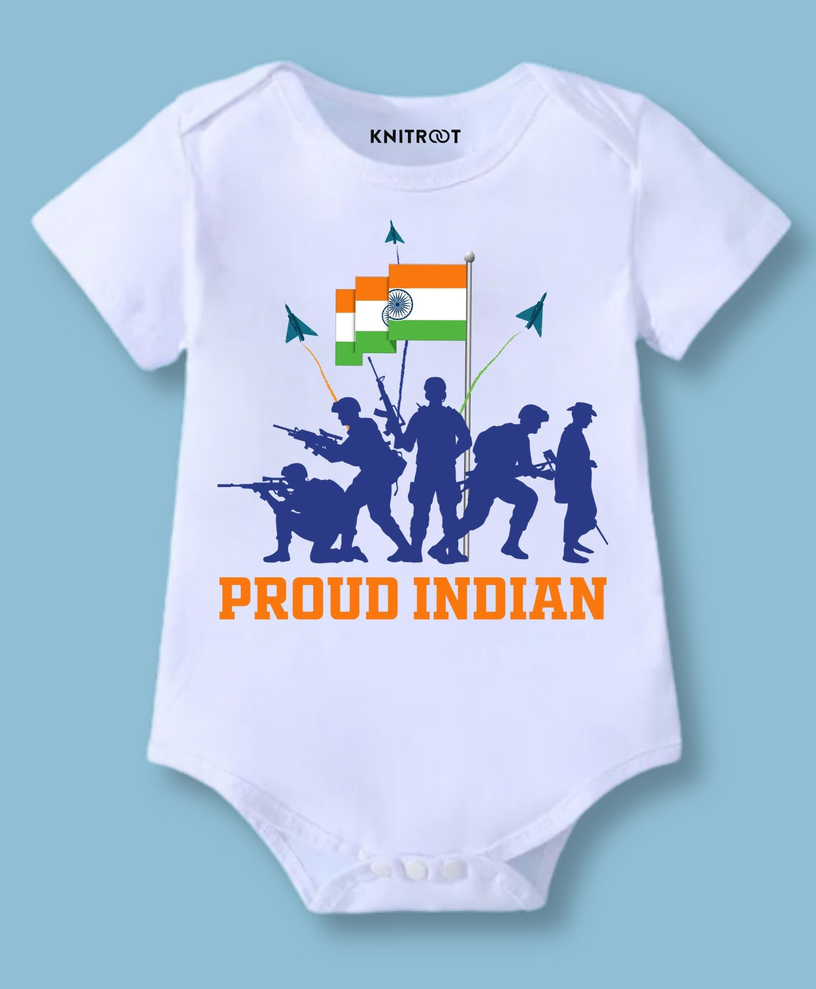 KNITROOT Cotton Lycra Knit Independence Day Theme Half Sleeves Proud Indian Text Printed Onesie - White-picture-17