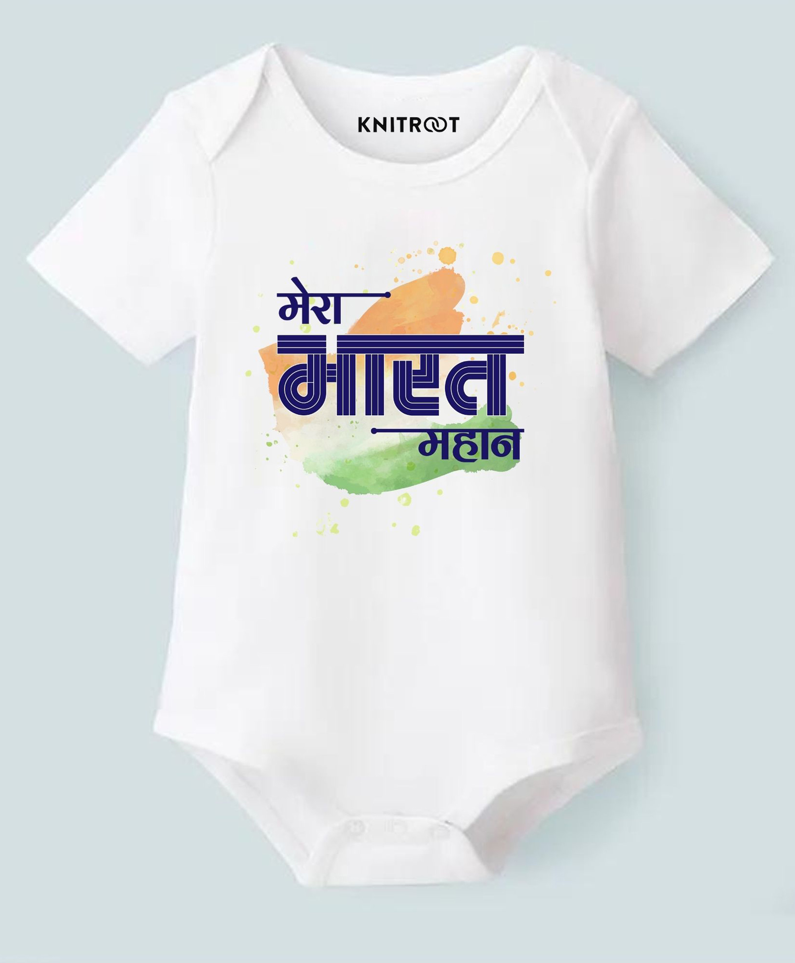 KNITROOT Cotton Lycra Knit Independence Day Theme Half Sleeves Mera Bharat Mahaan Text Printed Onesie - White-image-48