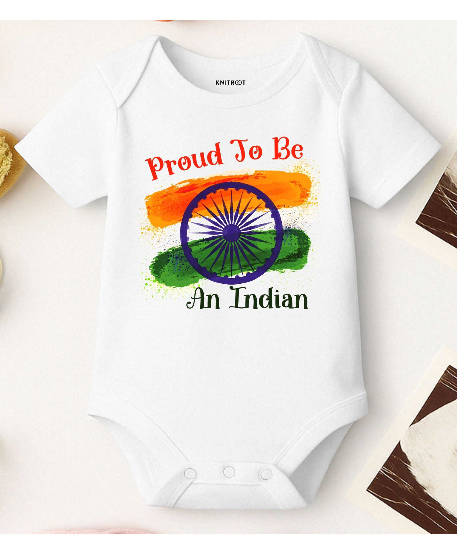 KNITROOT Cotton Lycra Knit Independence Day Theme Half Sleeves Proud To Be An Indian Text Printed Onesie - White-picture-26