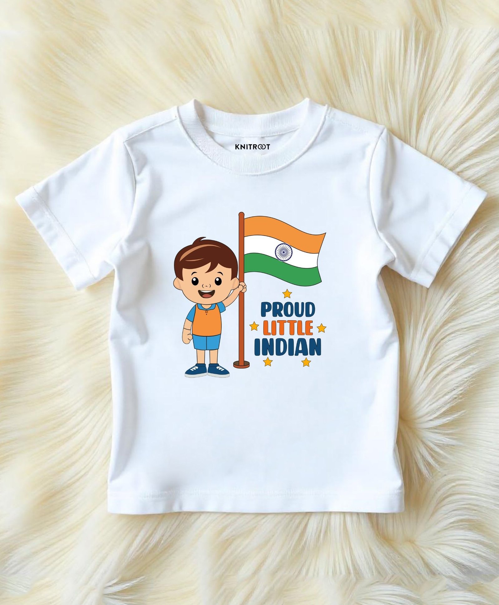 KNITROOT Cotton Lycra Knit Independence Day Theme Half Sleeves Proud Little Indian Text Printed Tee - White-image-49