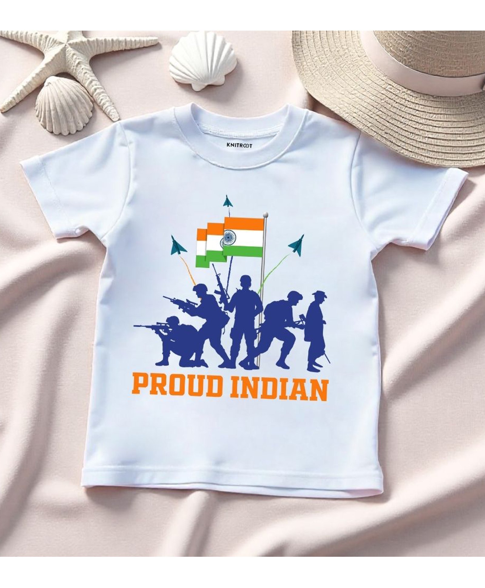 KNITROOT Cotton Lycra Knit Independence Day Theme Half Sleeves Proud Indian Text Printed Tee - White-image-7