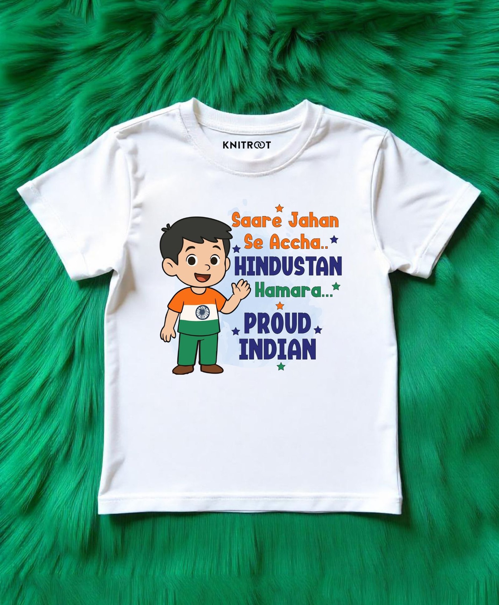KNITROOT Cotton Lycra Knit Independence Day Theme Half Sleeves Saare Jahaan Se Acha Hindustan Hamara Text Printed Tee - White-image-35