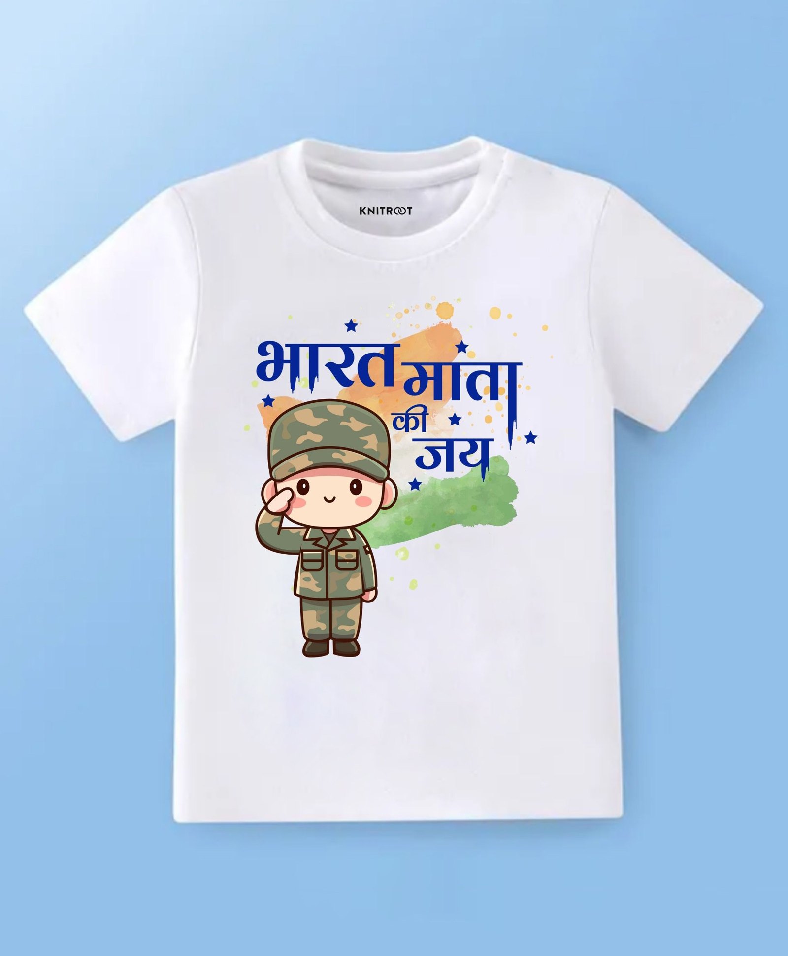 KNITROOT Cotton Lycra Knit Independence Day Theme Half Sleeves Bharat Mata Ki Jai Text Printed Tee - White-image-19