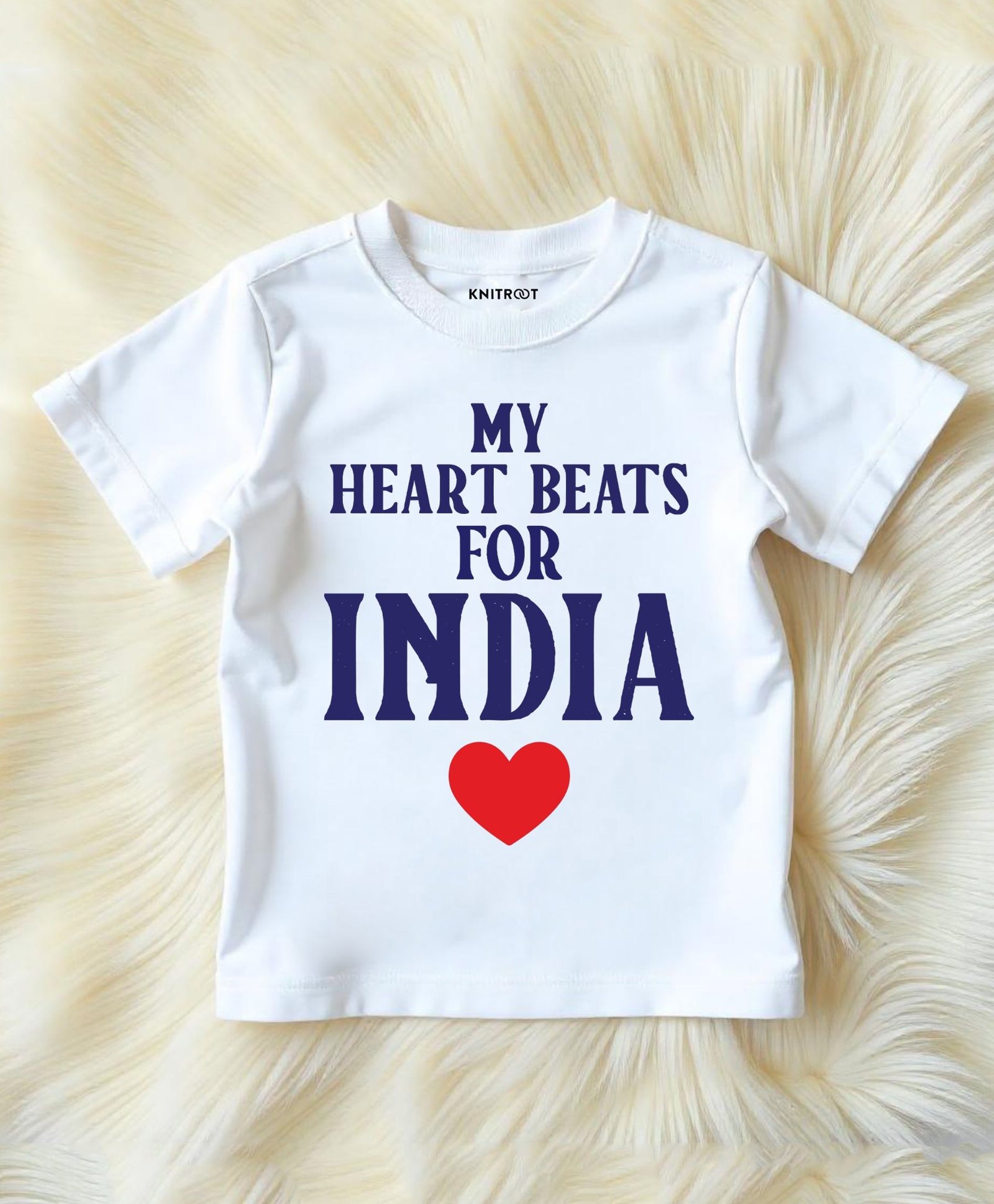 KNITROOT Cotton Knit Independence Day Theme Half Sleeves My Heart Beats For India Text Printed Tee - White-picture-13