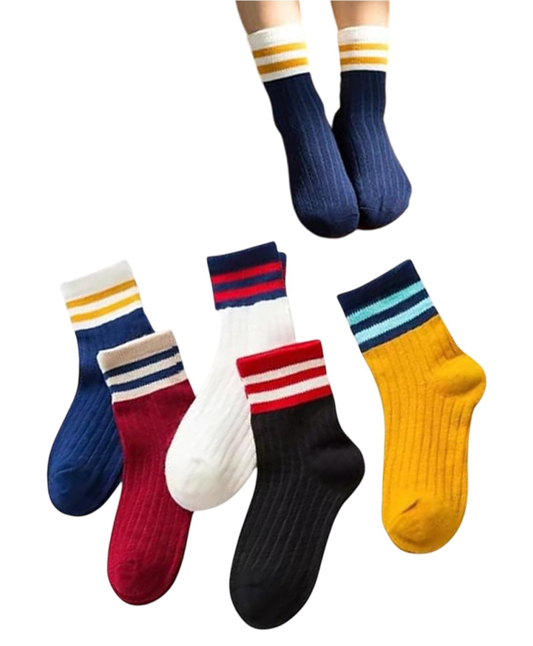 MOMISY Cotton Blend Pack of 5 Striped Socks - Multi Colour-image-23