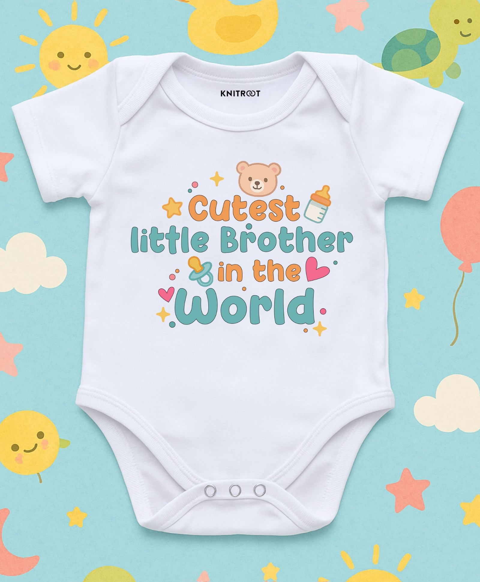KNITROOT Cotton Lycra Knit Raksha Bandhan Theme Half Sleeves Cutest Little Brother In The World Text Printed Onesie - White-image-25